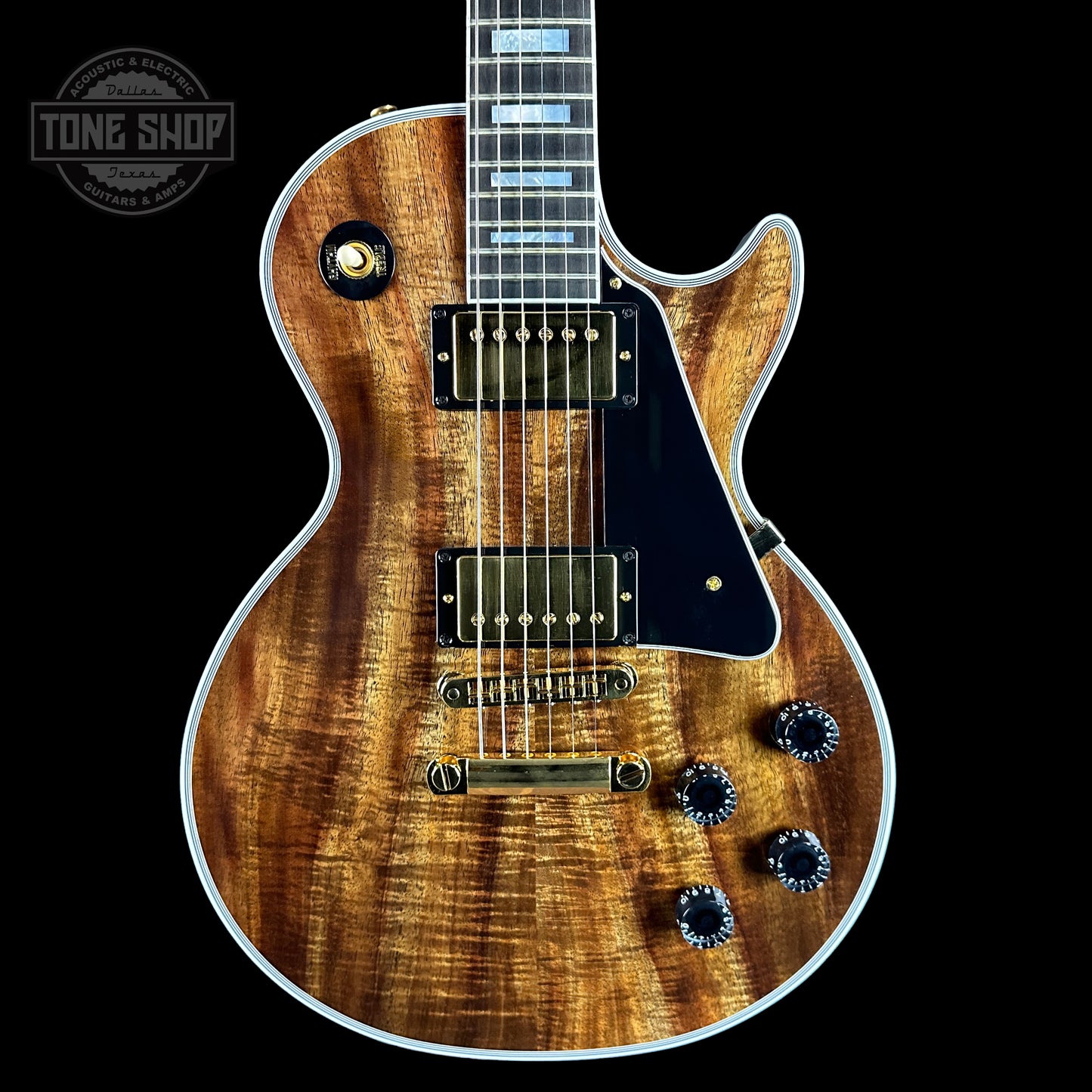 Front of Gibson Custom Shop Made 2 Measure Les Paul Custom Chambered Koa Gloss.