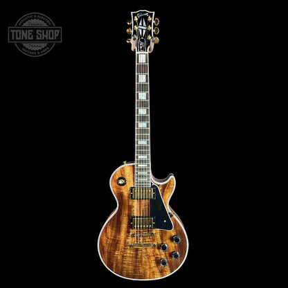 Full front of Gibson Custom Shop Made 2 Measure Les Paul Custom Chambered Koa Gloss.