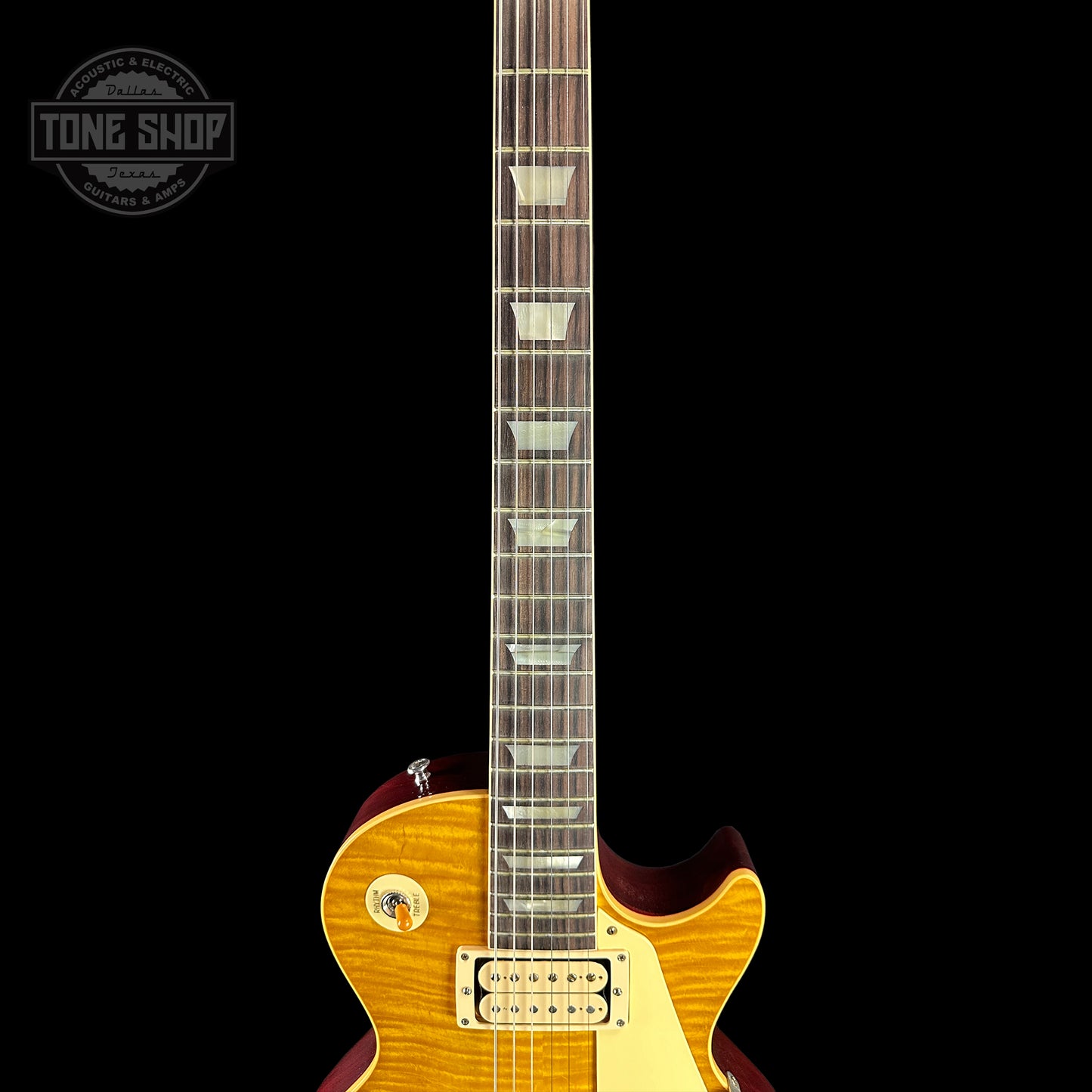 Fretboard of Gibson Custom Shop Made 2 Measure 1959 Les Paul Standard Chambered Lemon Burst Murphy Lab Ultra Light Aged Double Cream.