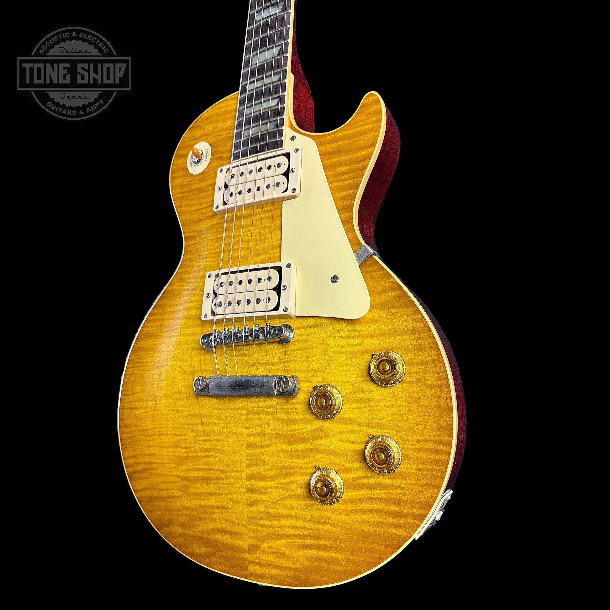 Front angle of Gibson Custom Shop Made 2 Measure 1959 Les Paul Standard Chambered Lemon Burst Murphy Lab Ultra Light Aged Double Cream.