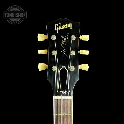 Front of headstock of Gibson Custom Shop Made 2 Measure 1959 Les Paul Standard Chambered Lemon Burst Murphy Lab Ultra Light Aged Double Cream.