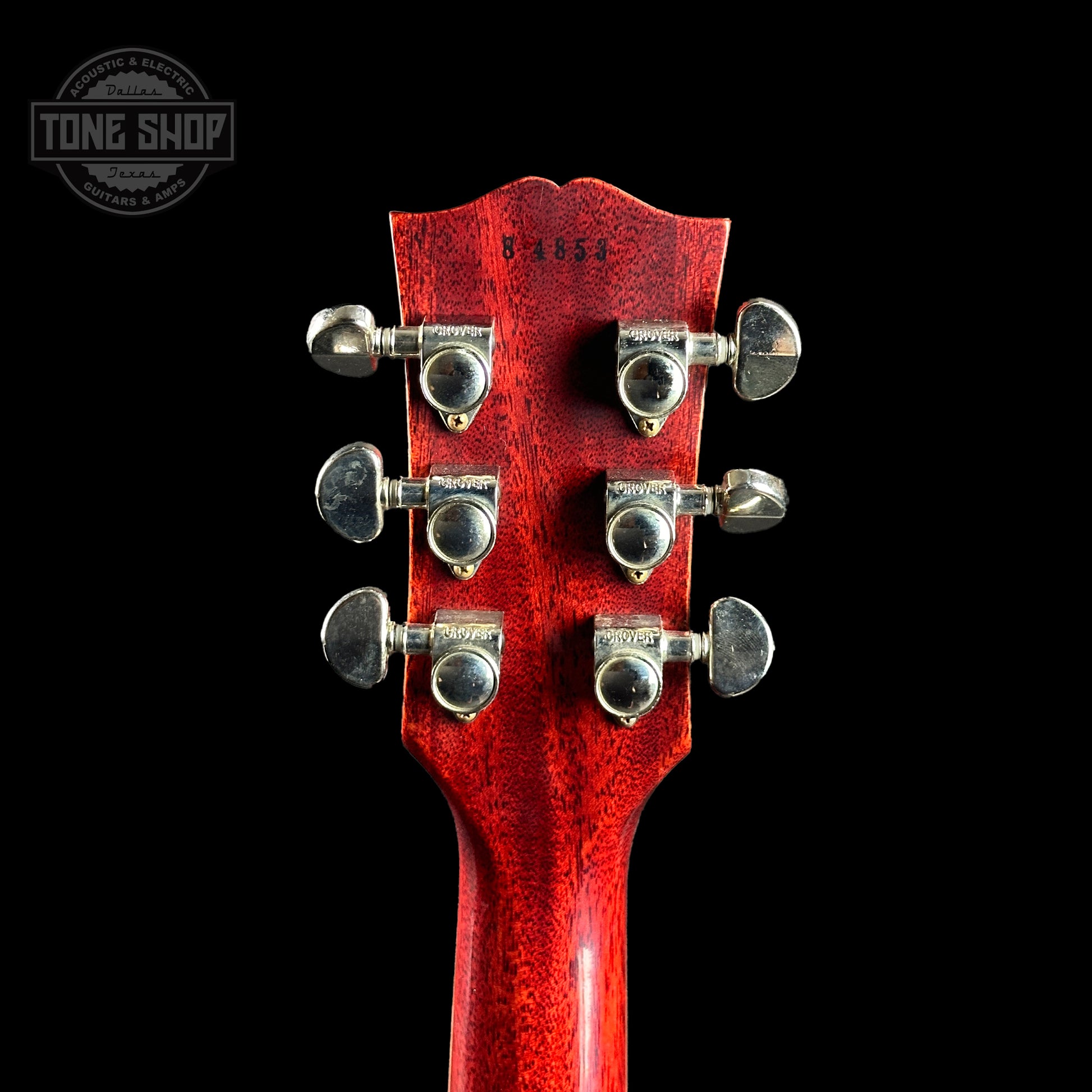 Back of headstock of Gibson Custom Shop Dealer's Choice 1958/60 Neck Les Paul Standard Chambered Lemon Burst Murphy Lab Ultra Light Aged.