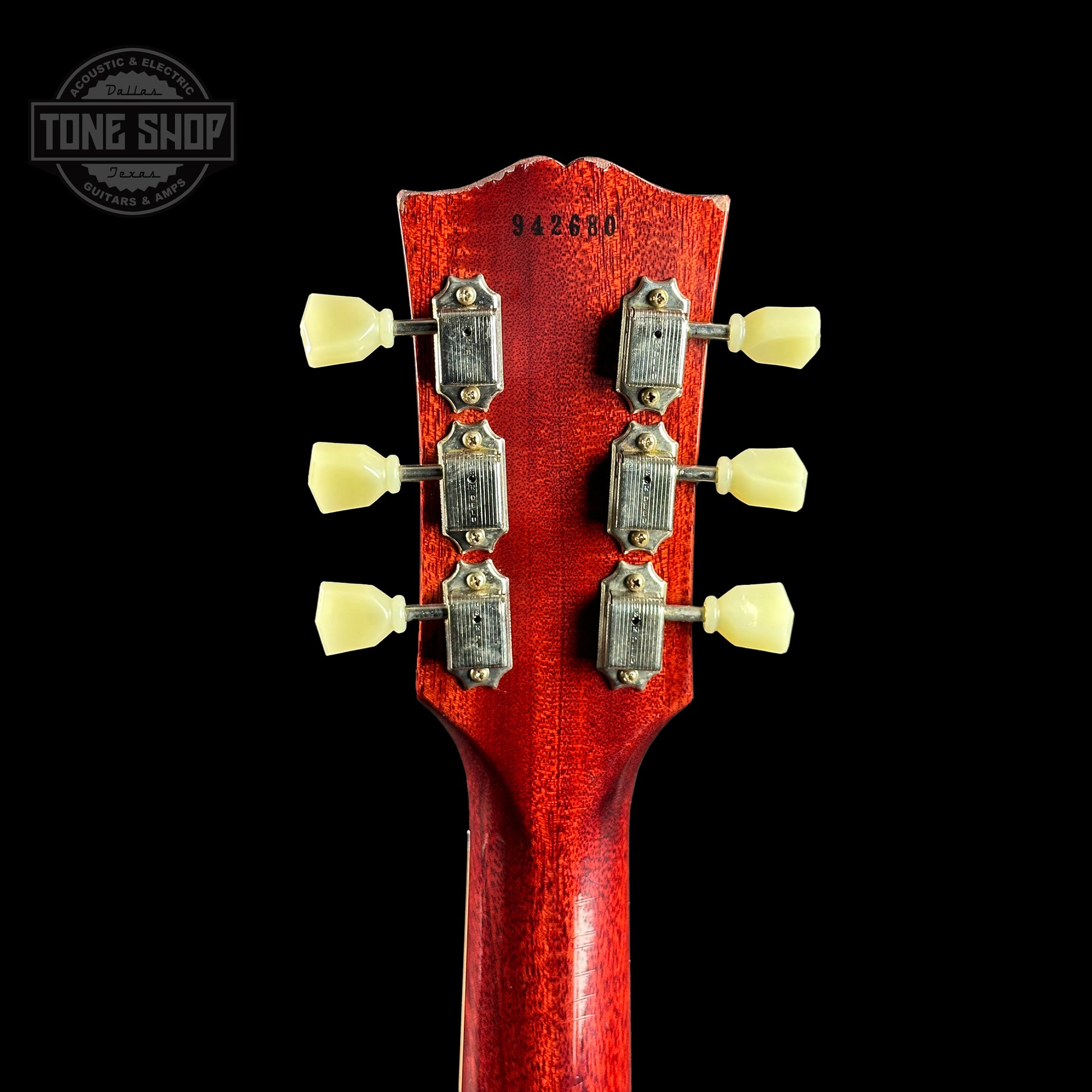 Back of headstock of Gibson Custom Shop Made 2 Measure 1959 Les Paul Standard Chambered SITF Tejas Burst Light Murphy Aged Double Cream.