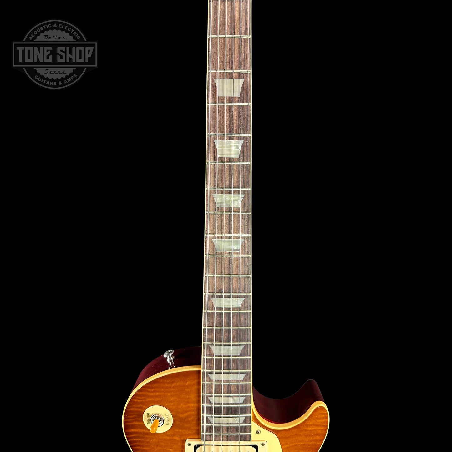 Fretboard of Gibson Custom Shop Made 2 Measure 1959 Les Paul Standard Chambered SITF Tejas Burst Light Murphy Aged Double Cream.