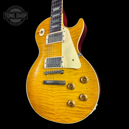 Front angle of Gibson Custom Shop Made 2 Measure 1959 Les Paul Standard Chambered Lemon Burst Murphy Lab Heavy Aged.