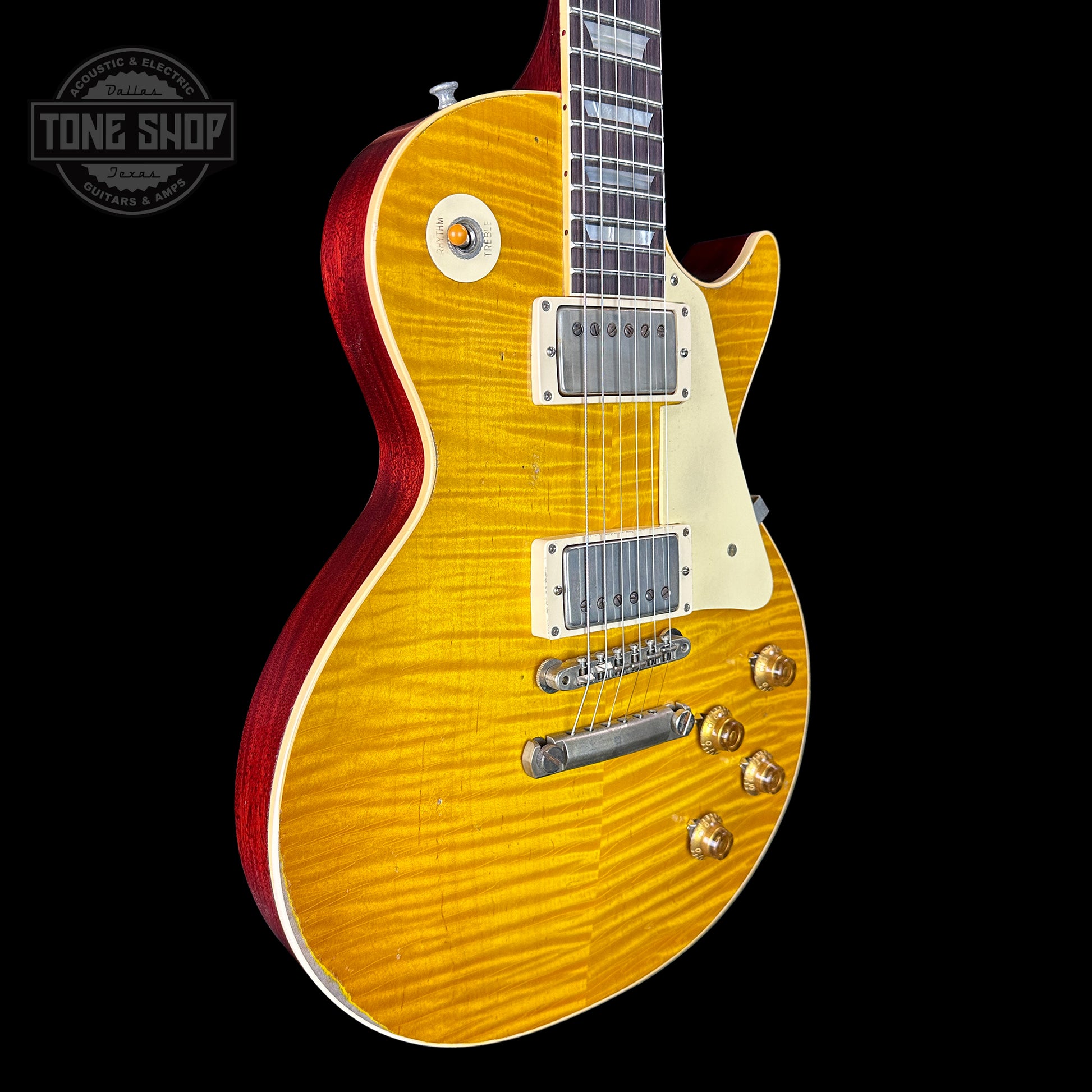 Front angle of Gibson Custom Shop Made 2 Measure 1959 Les Paul Standard Chambered Lemon Burst Murphy Lab Heavy Aged.