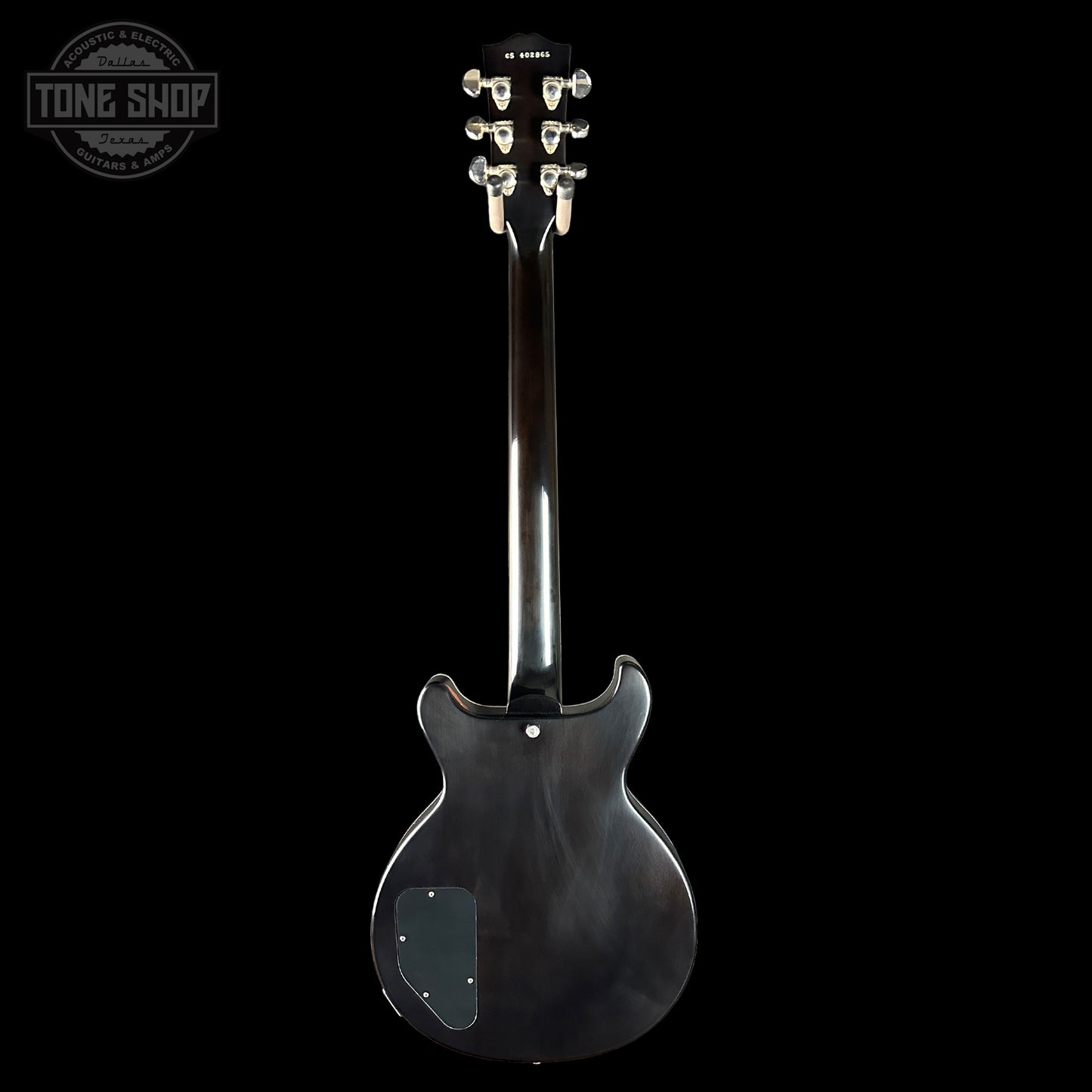 Full back of Gibson Custom Shop Les Paul Special Double Cut Figured Maple Top Cobra Burst VOS.