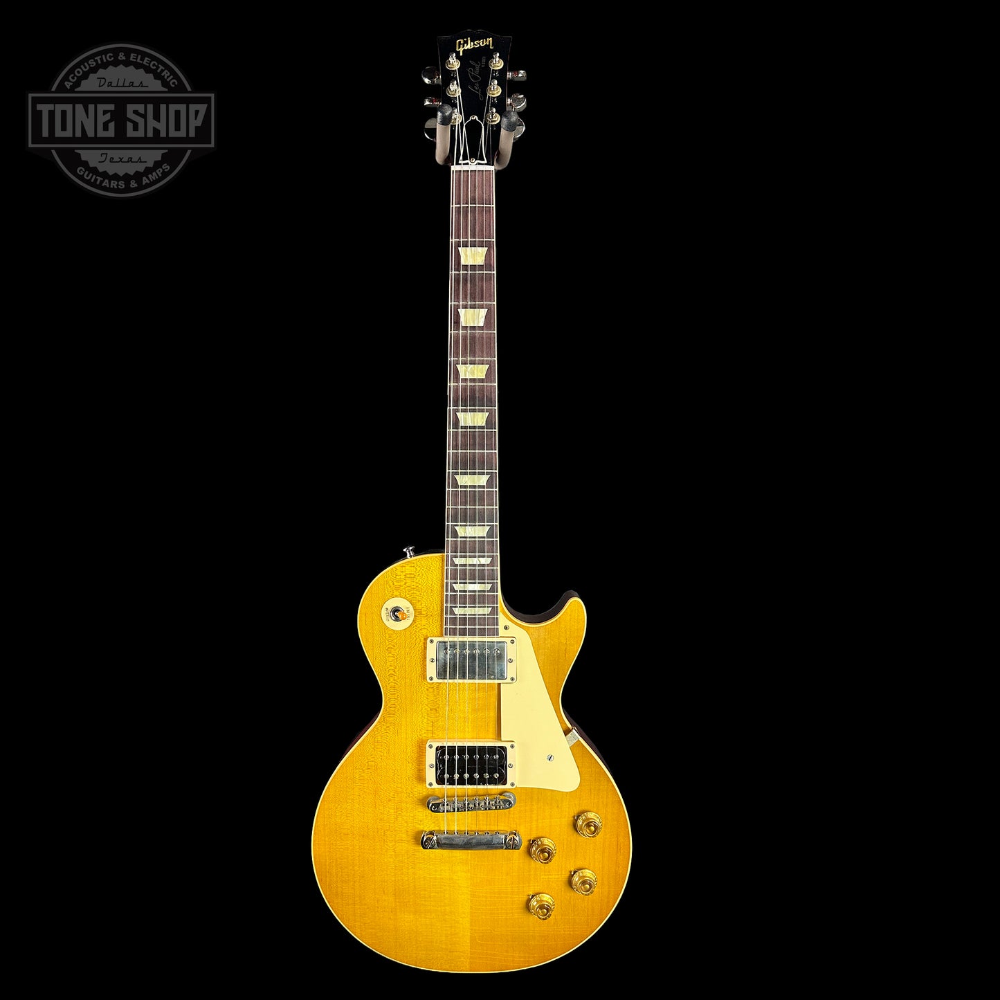 Full front of Gibson Custom Shop Dealer's Choice 1958/60 Neck Les Paul Standard Chambered Lemon Burst Murphy Lab Ultra Light Aged.