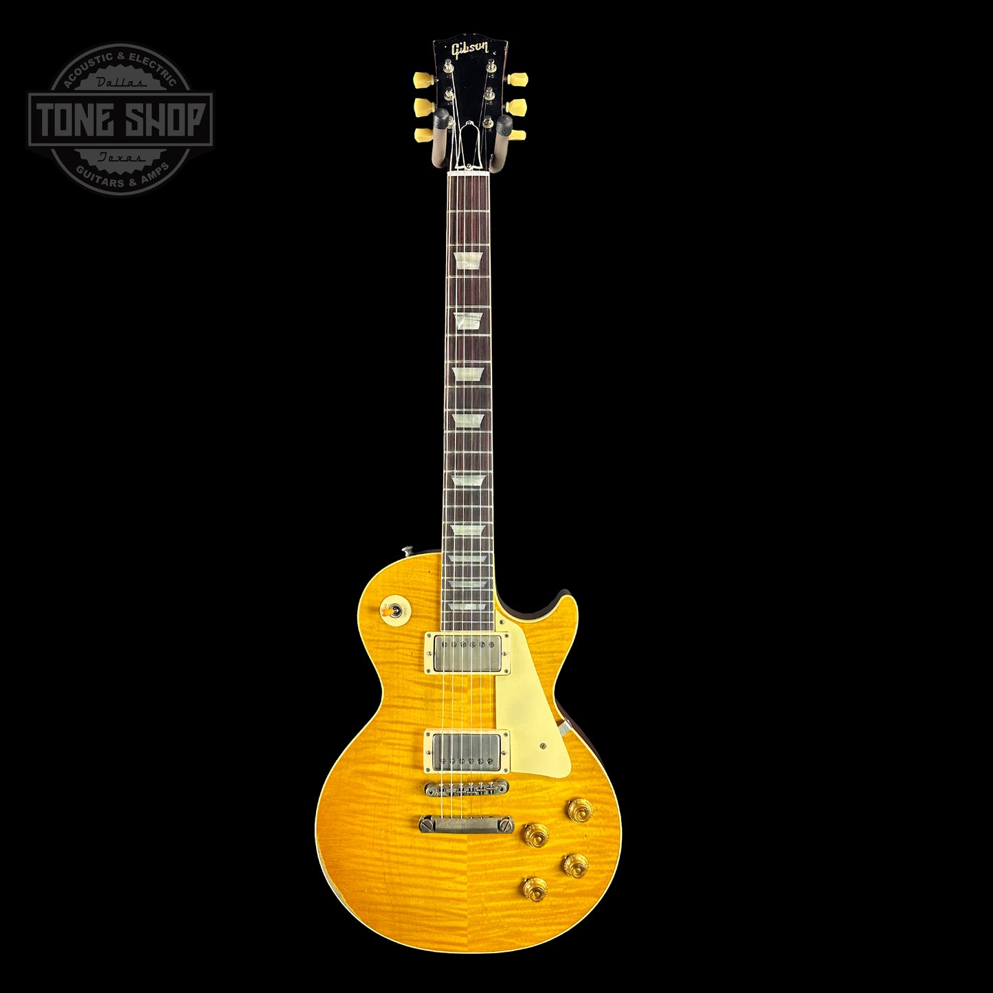 Full front of Gibson Custom Shop Made 2 Measure 1959 Les Paul Standard Chambered Lemon Burst Murphy Lab Heavy Aged.