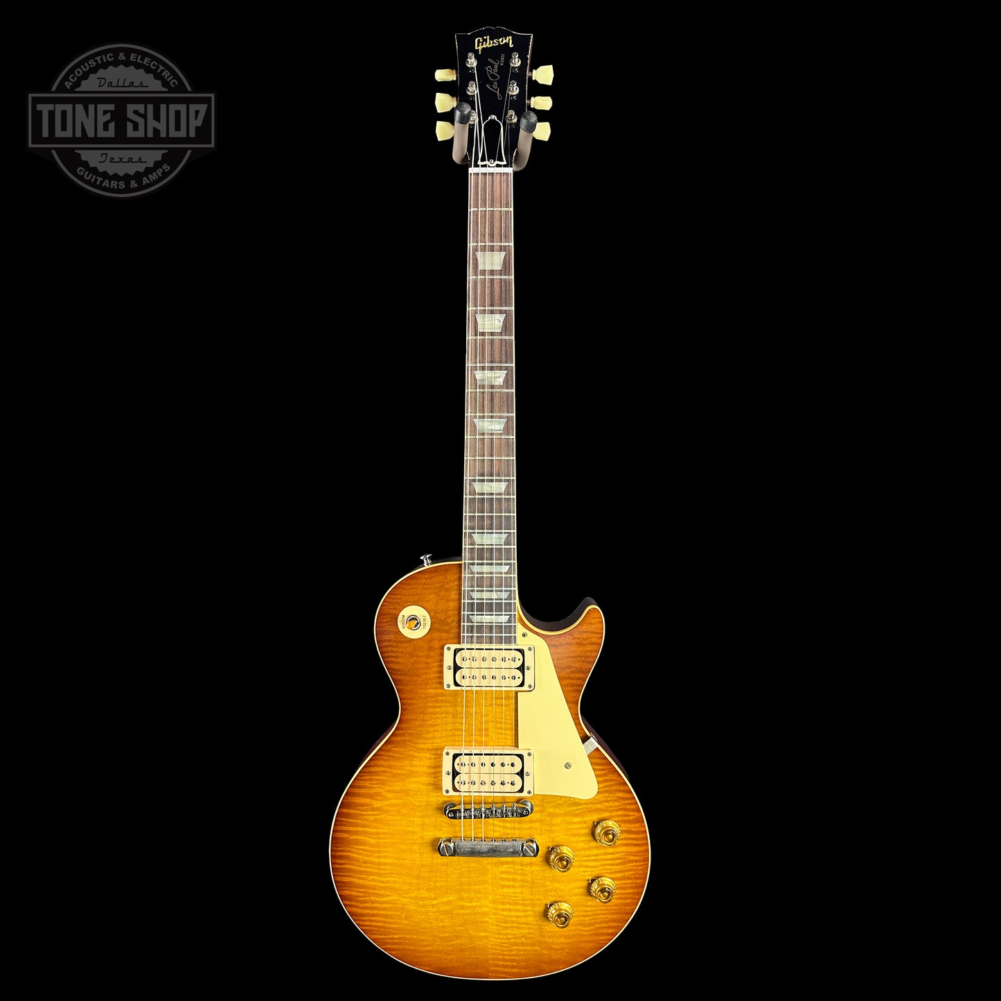 Full front of Gibson Custom Shop Made 2 Measure 1959 Les Paul Standard Chambered SITF Tejas Burst Light Murphy Aged Double Cream.