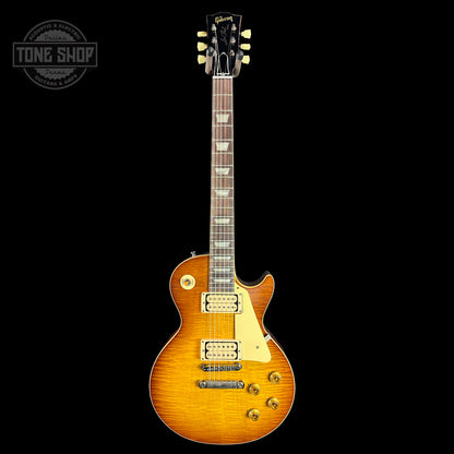 Full front of Gibson Custom Shop Made 2 Measure 1959 Les Paul Standard Chambered SITF Tejas Burst Light Murphy Aged Double Cream.