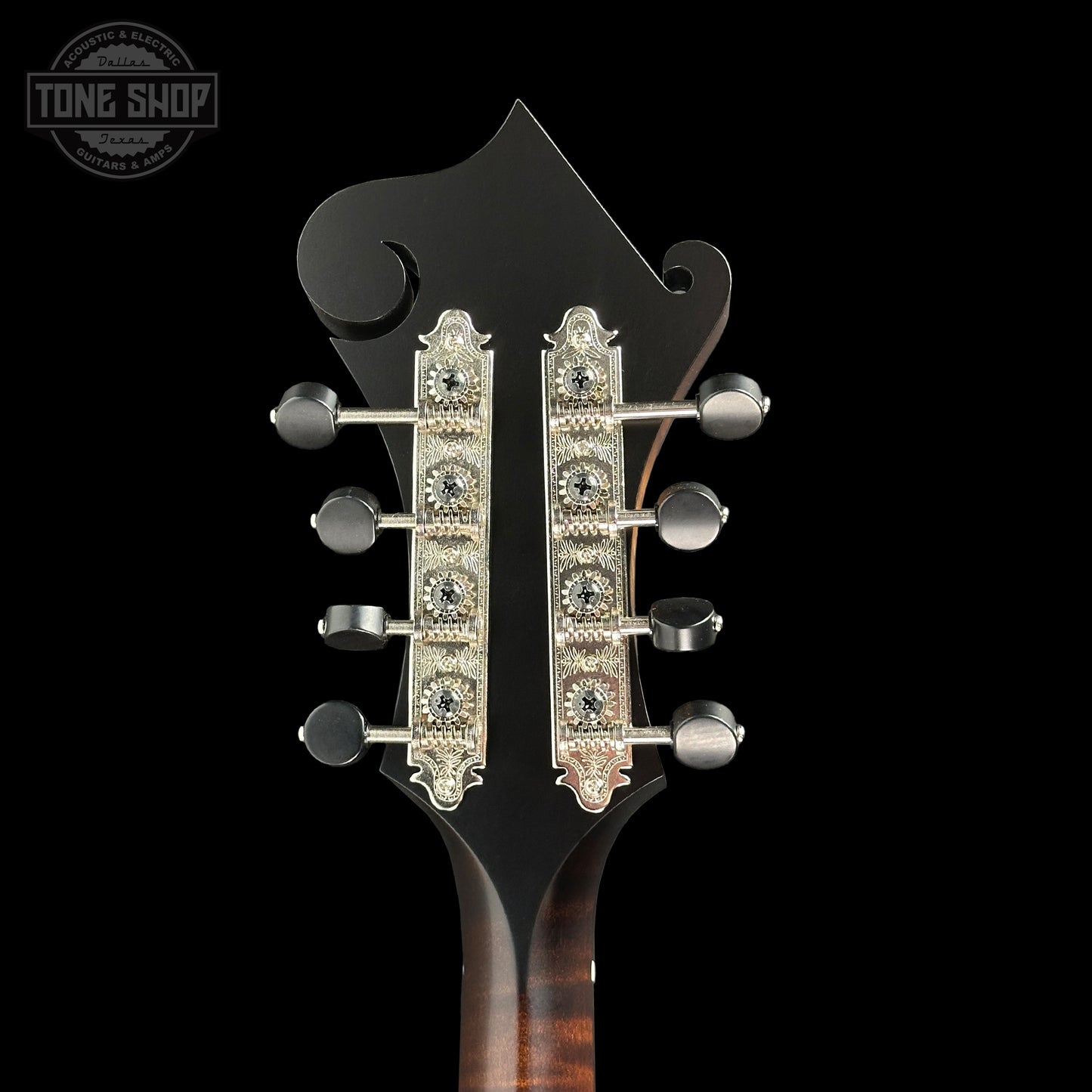 Back of headstock of Collings MF Mandolin Sunburst.