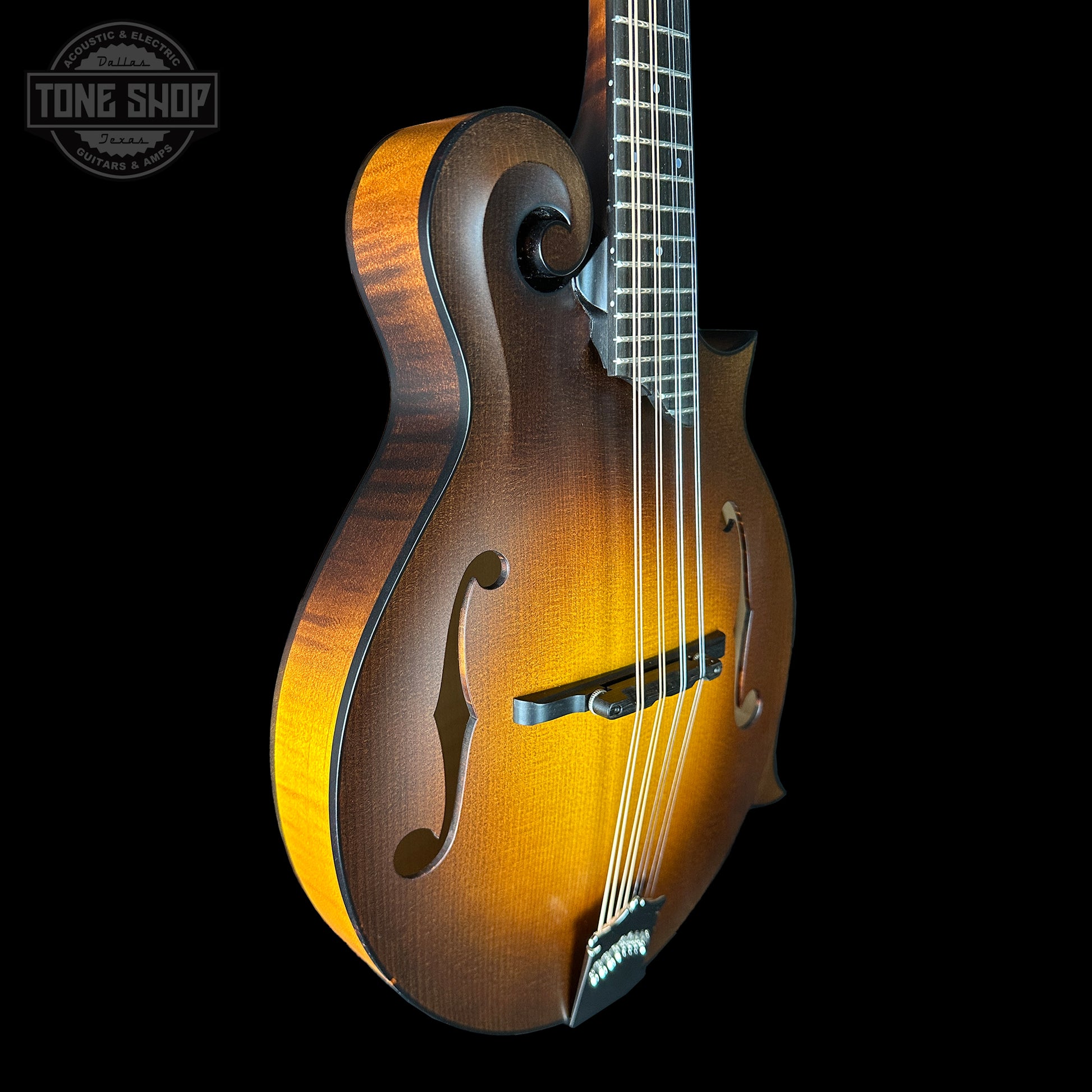 Front angle of Collings MF Mandolin Sunburst.