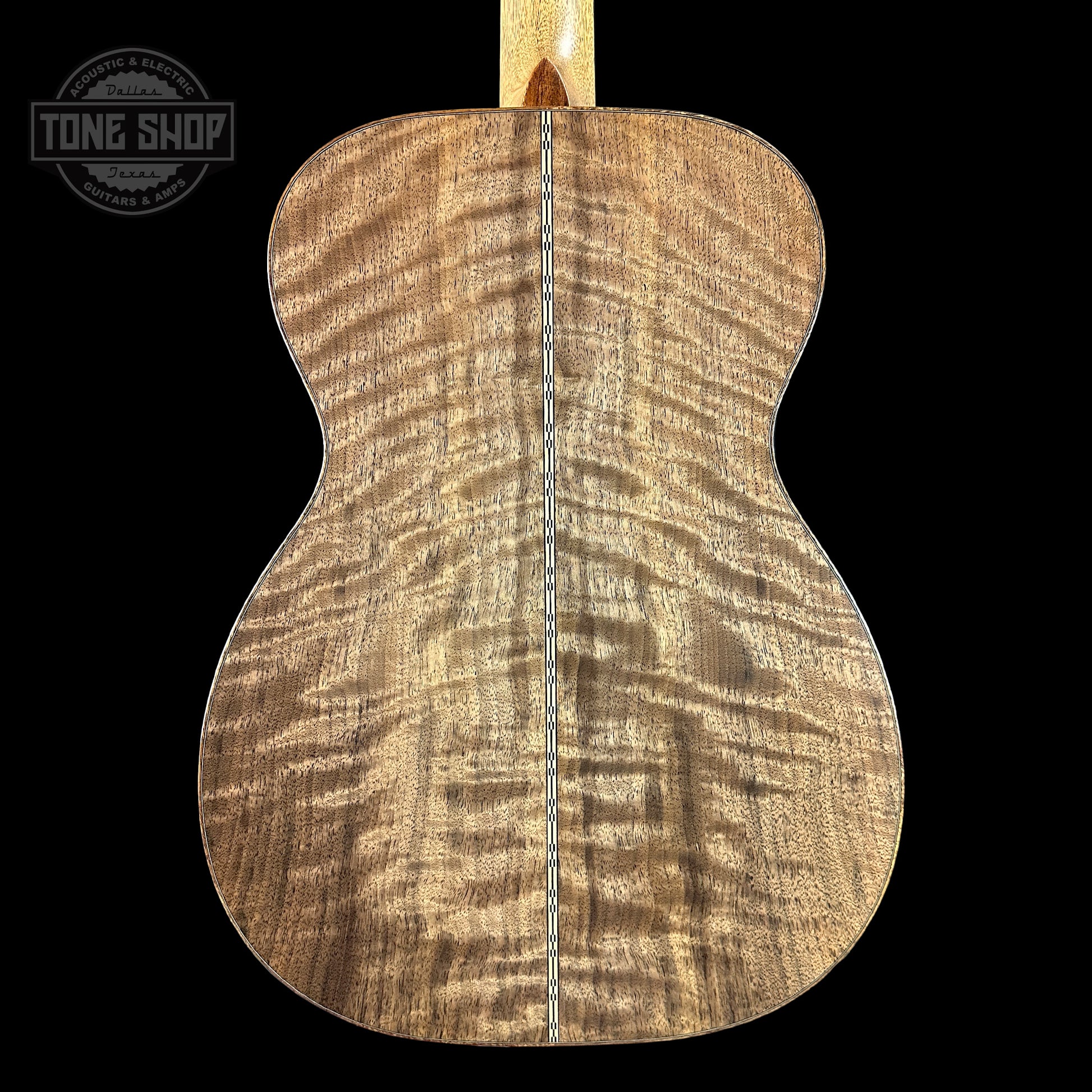 Back of Martin Custom Shop 28 Style 00-14F Italian Alpine Spruce/Exceptionally Figured Black Walnut.