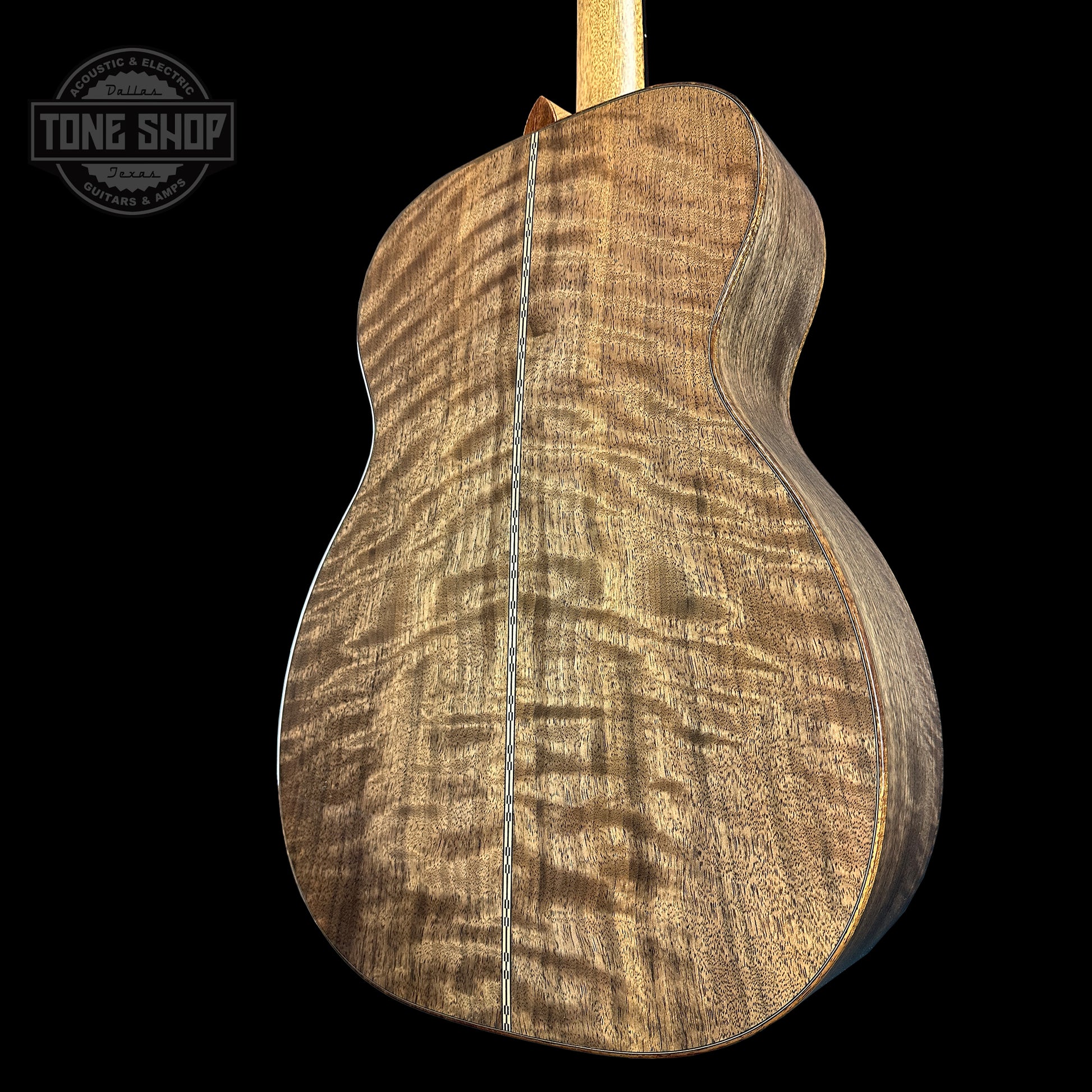 Back angle of Martin Custom Shop 28 Style 00-14F Italian Alpine Spruce/Exceptionally Figured Black Walnut.