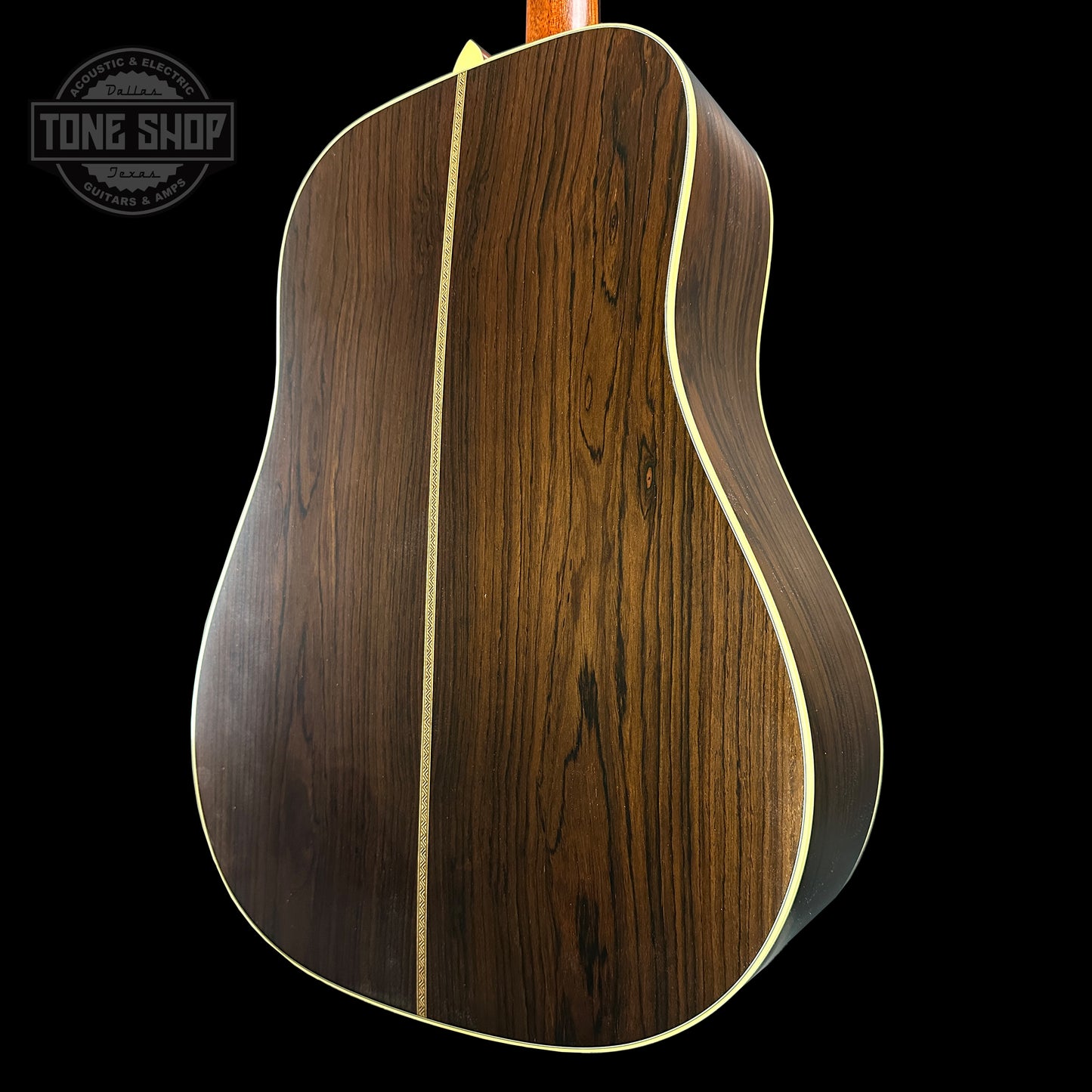 Back angle of Martin Custom Shop 37 D-28 Authentic Brazilian Rosewood Stage 1 Aging.