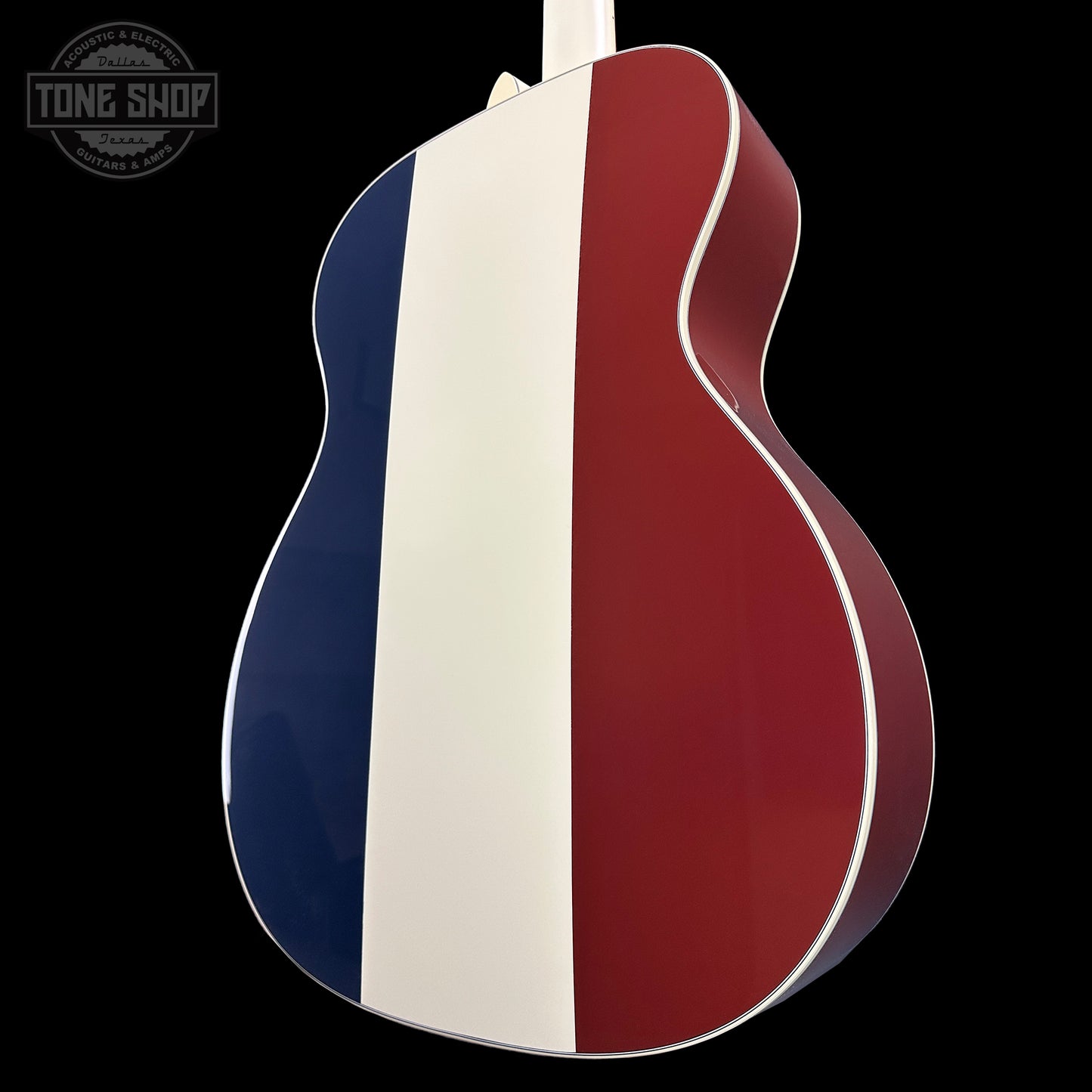 Back angle of Martin Custom Shop OM Red/White/Blue Sitka/EIR.