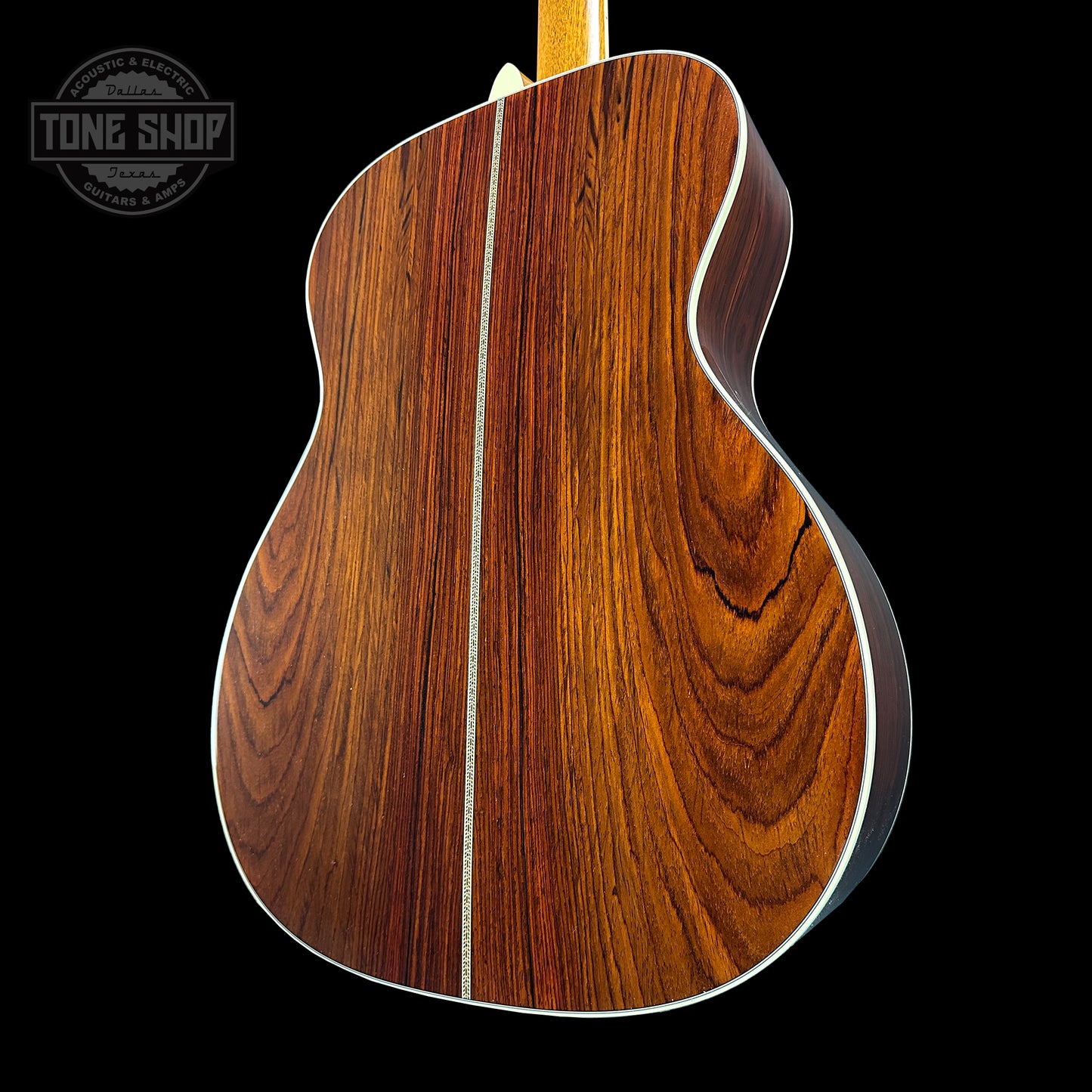 Back angle of Martin Custom Shop OM-41 Ambertone Torch Motif Carpathian Spruce/Cocobolo.