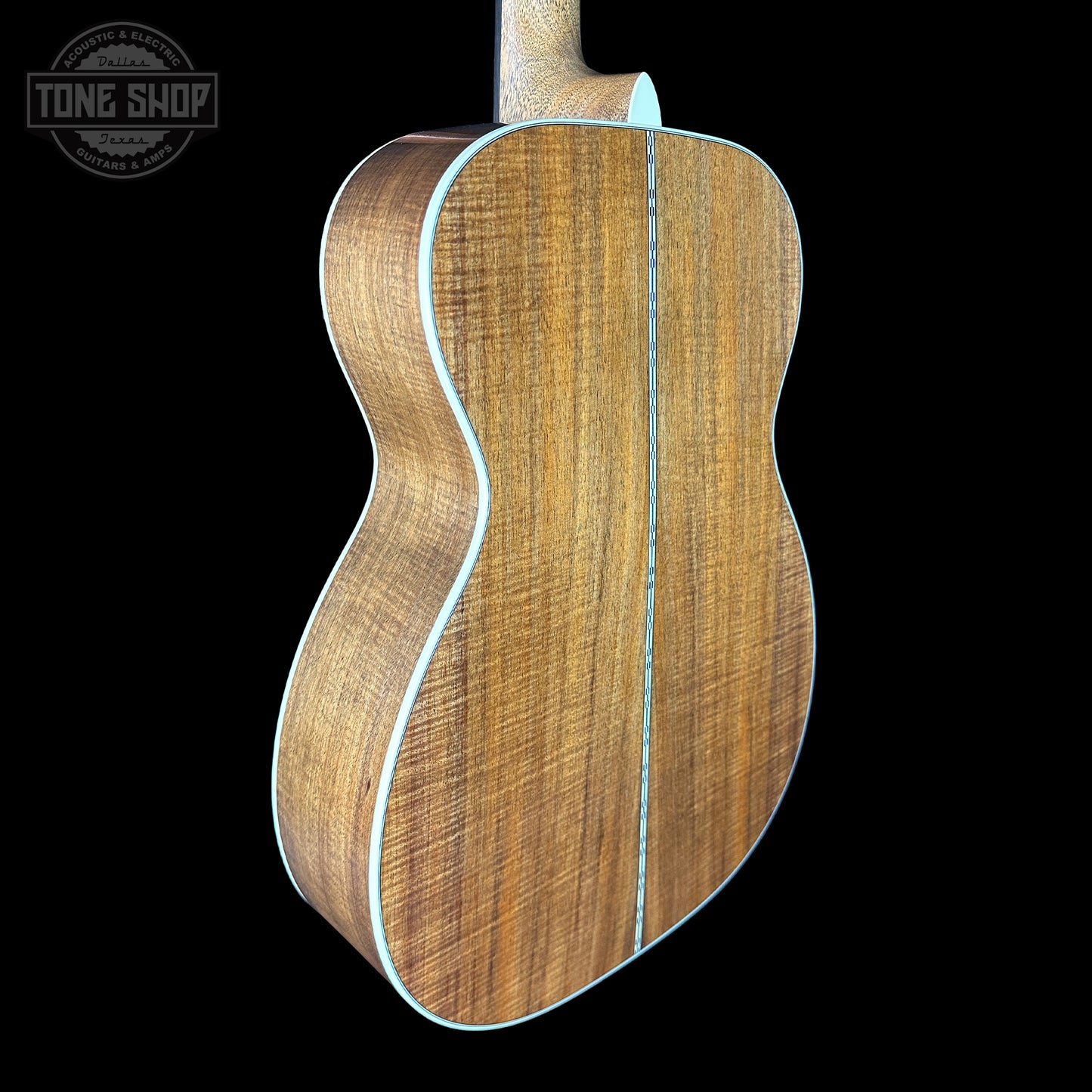 Back angle of Martin Custom Shop 00-14F 28 Style Italian Alpine Spruce/Tasmanian Blackwood.