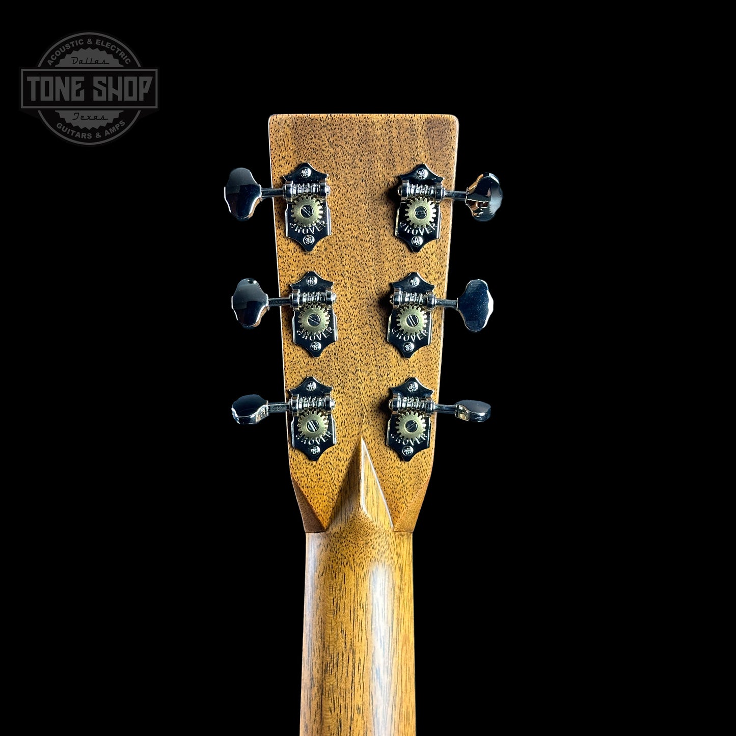 Back of headstock of Martin Custom Shop 28 Style Dread Adirondack/Cocobolo.