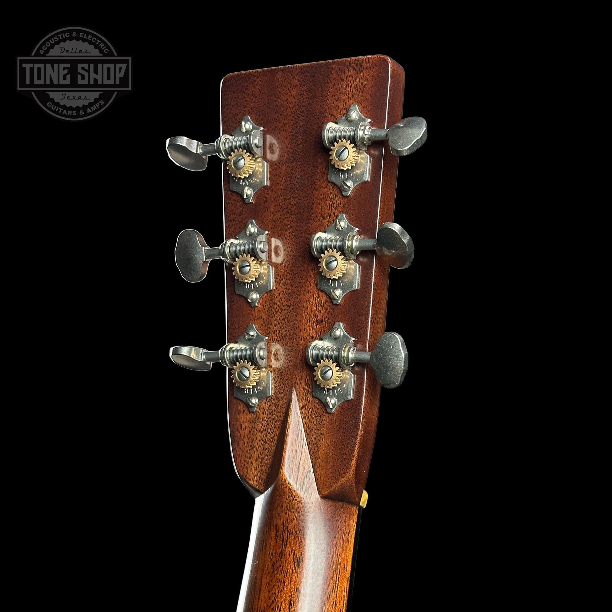 Back of headstock of Martin Custom Shop 37 D-28 Authentic Brazilian Rosewood Stage 1 Aging.