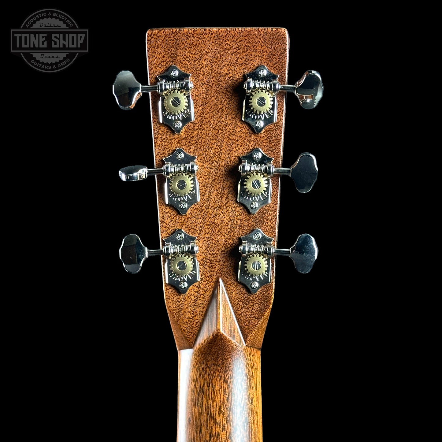 Back of headstock of Martin Custom Shop 28/45 Style OM Adirondack/Guatemalan RW.