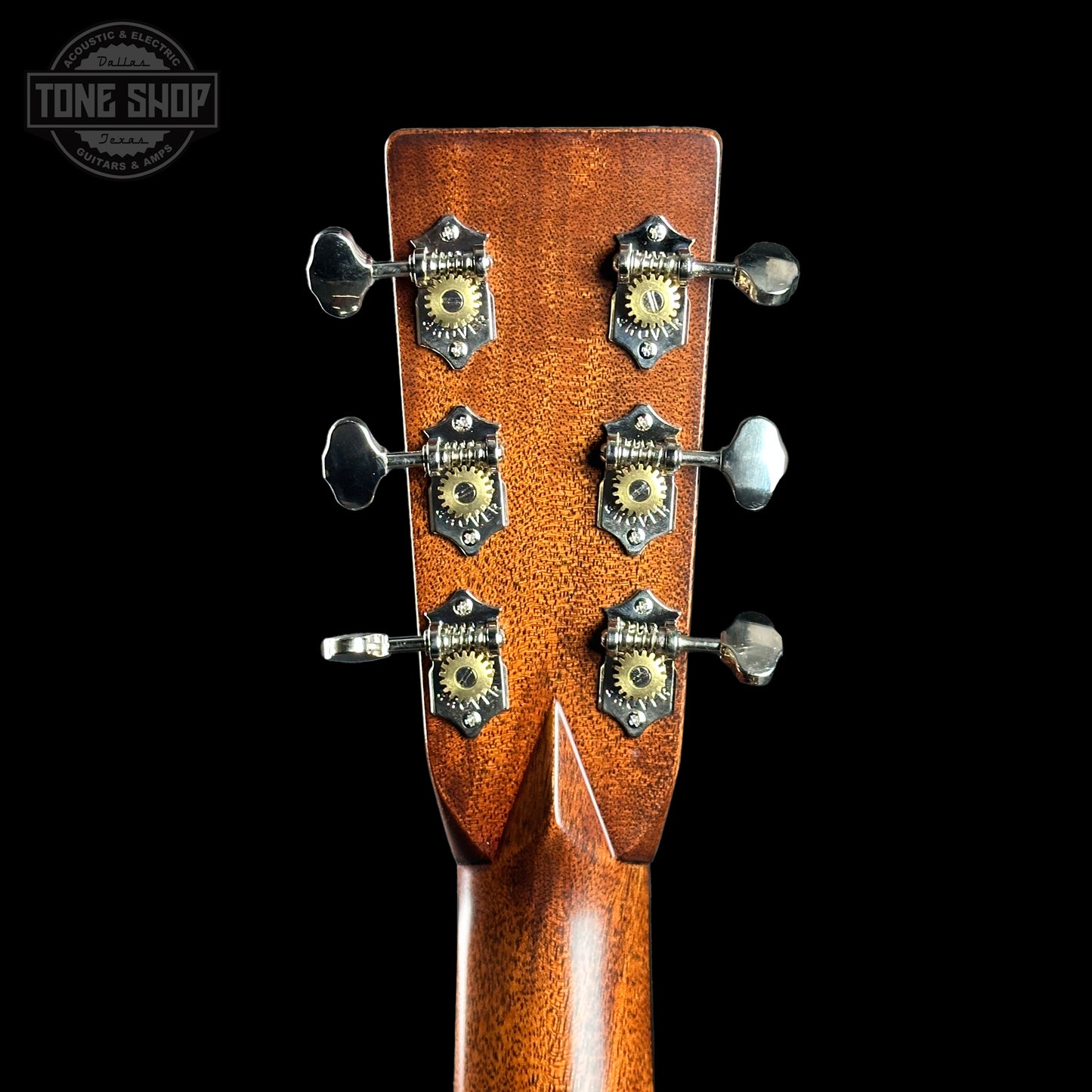 Back of headstock of Martin Custom Shop Shop Dread Adirondack/WEIR 1935 Sunburst.