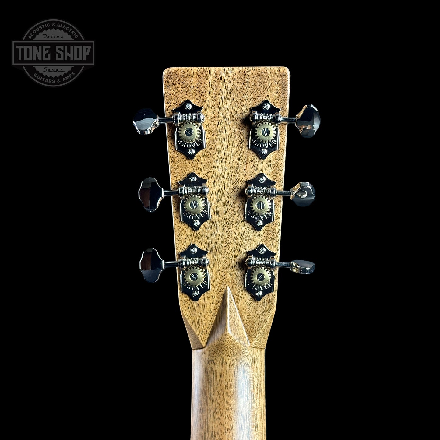 Back of headstock of Martin Custom Shop 28 Style 00-14F Italian Alpine Spruce/Exceptionally Figured Black Walnut.