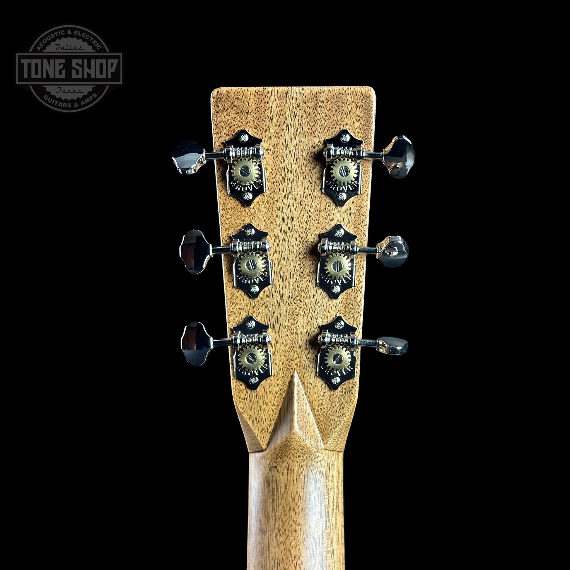 Back of headstock of Martin Custom Shop 28 Style 00-14F Italian Alpine Spruce/Exceptionally Figured Black Walnut.