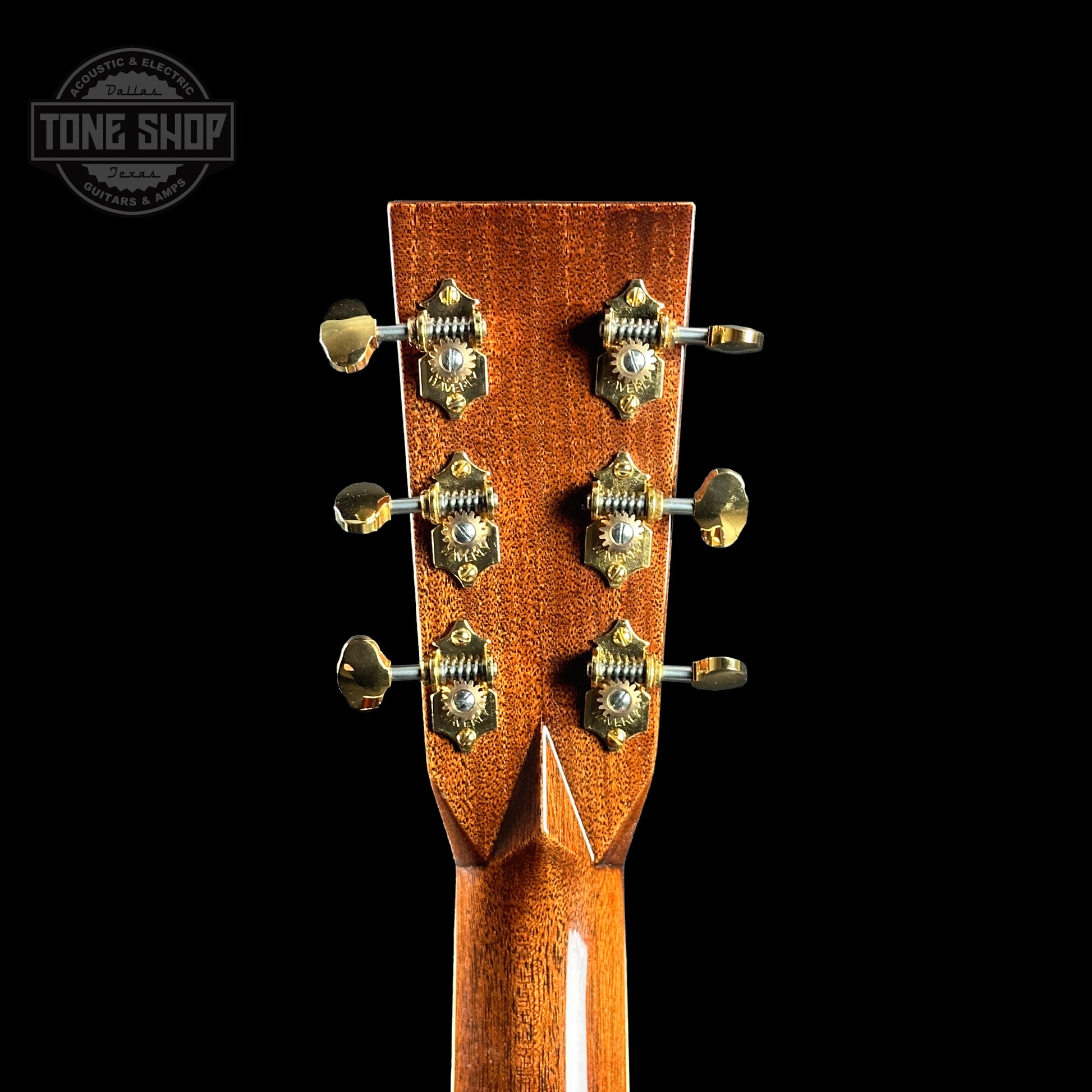 Back of headstock of Martin Custom Shop D-42 Adirondack/Madagascar Rosewood.