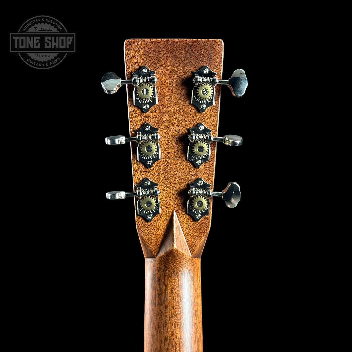 Back of headstock of Martin Custom Shop 28 Style Dread Adirondack/WEIR Ambertone.