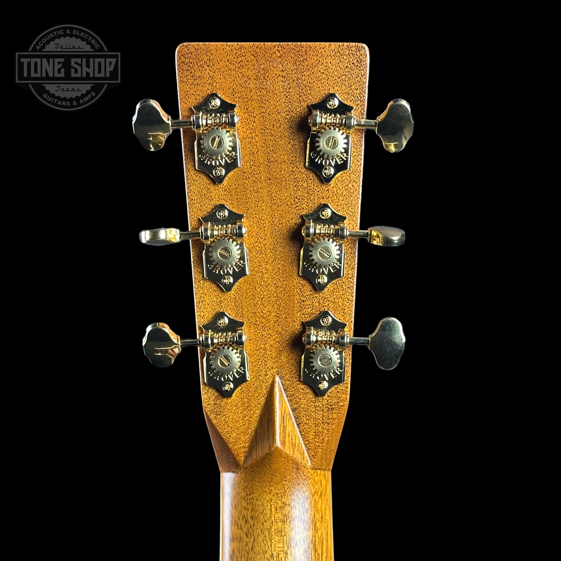 Back of headstock of Martin Custom Shop OM-41 Ambertone Torch Motif Carpathian Spruce/Cocobolo.