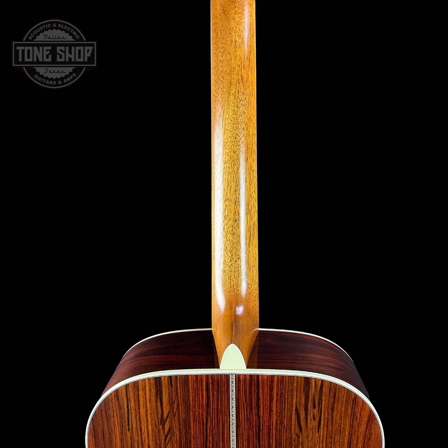 Back of neck of Martin Custom Shop OM-41 Ambertone Torch Motif Carpathian Spruce/Cocobolo.