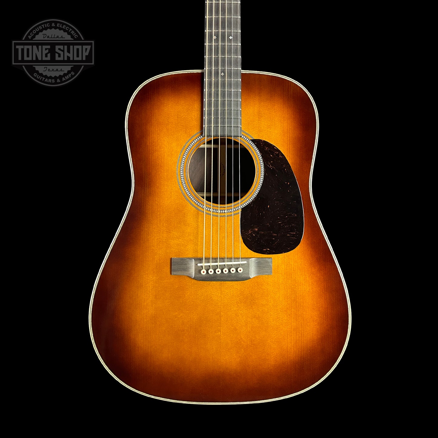 Front of Martin Custom Shop 28 Style Dread Adirondack/WEIR Ambertone.