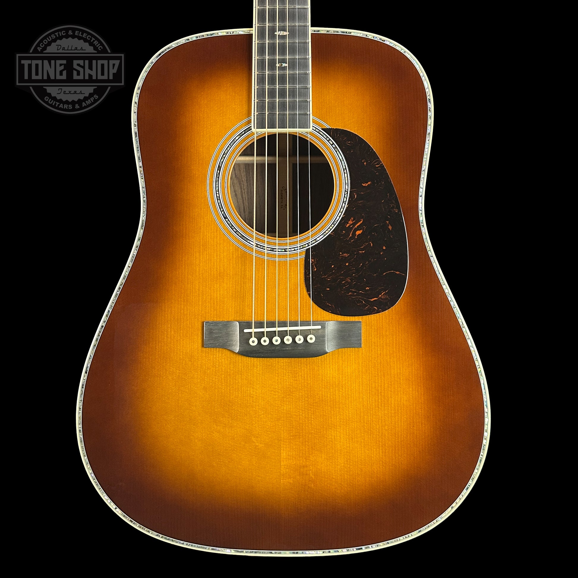 Front of Martin Custom Shop 41 Style Dread Torch Motif Adirondack/WEIR Ambertone.