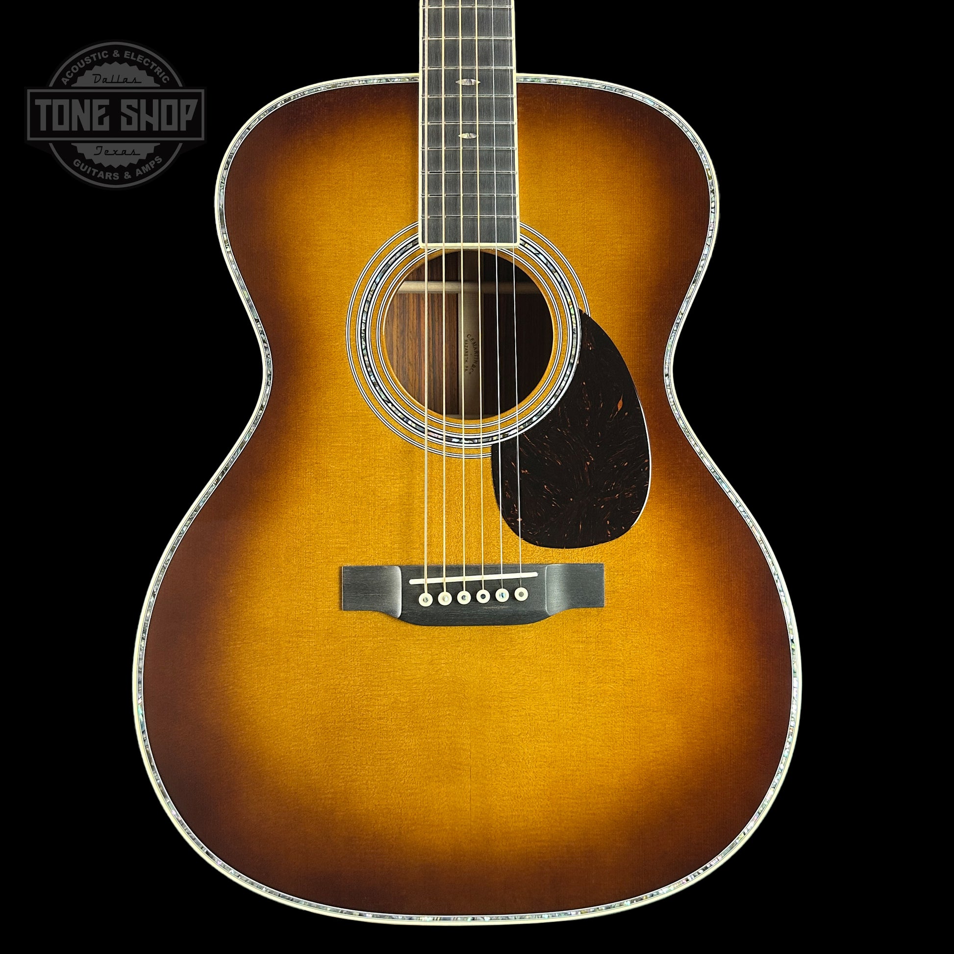 Front of Martin Custom Shop OM-41 Ambertone Torch Motif Carpathian Spruce/Cocobolo.