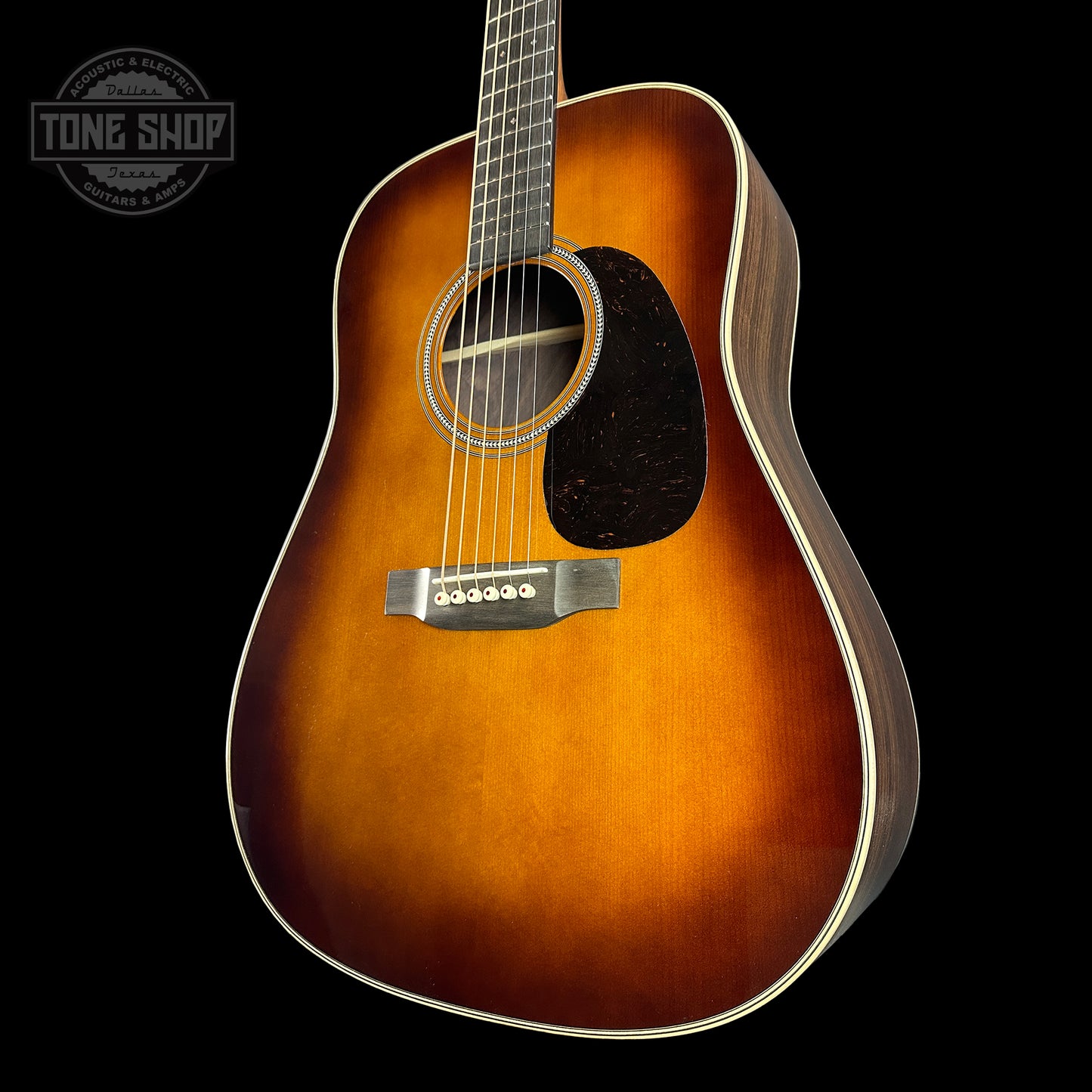 Front angle of Martin Custom Shop 28 Style Dread Adirondack/WEIR Ambertone.