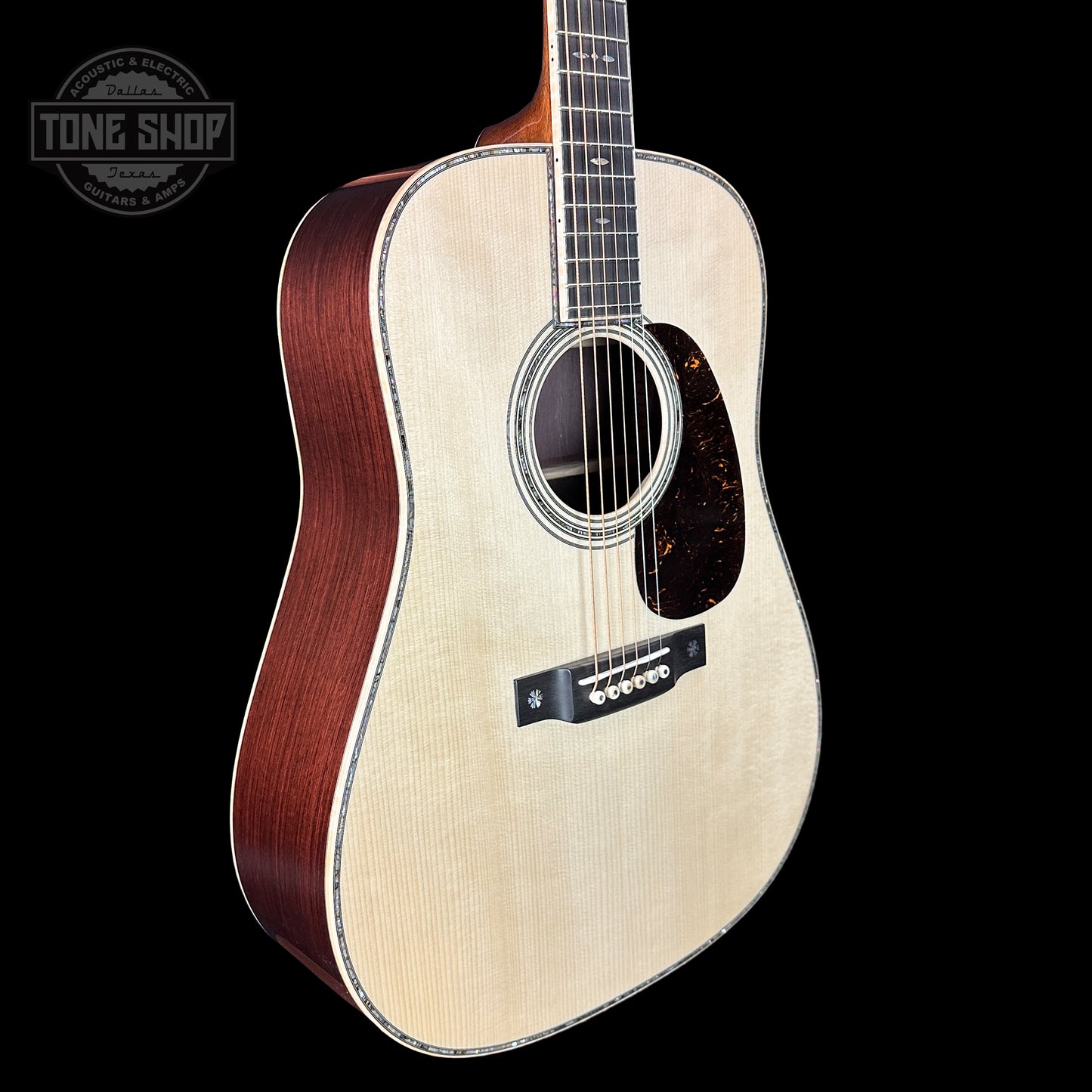 Front angle of Martin Custom Shop D-42 Adirondack/Madagascar Rosewood.