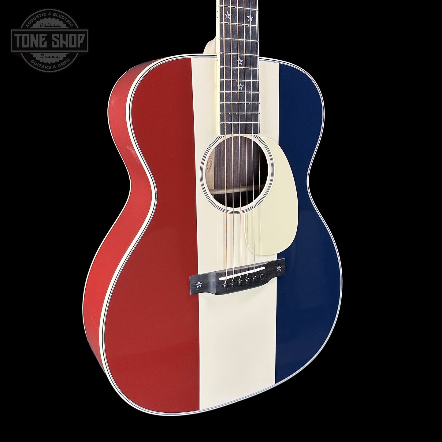 Front angle of Martin Custom Shop OM Red/White/Blue Sitka/EIR.