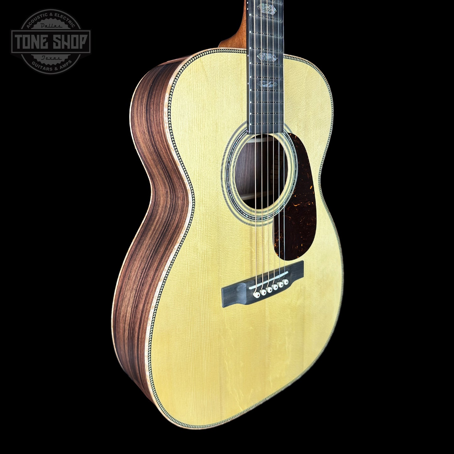 Front angle of Martin Custom Shop 28/45 Style 00-14F Italian Alpine Spruce/WEIR.