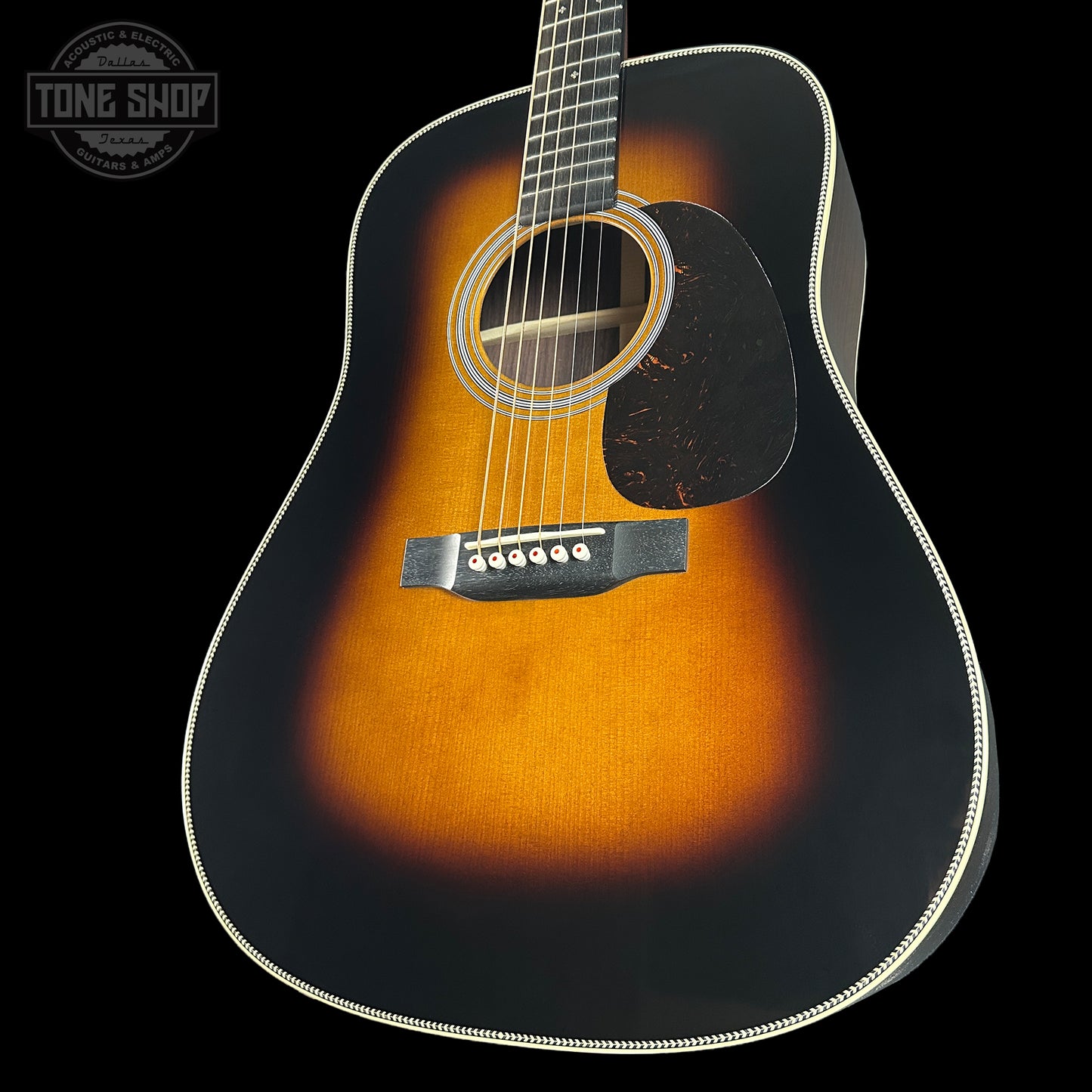 Front angle of Martin Custom Shop Shop Dread Adirondack/WEIR 1935 Sunburst.