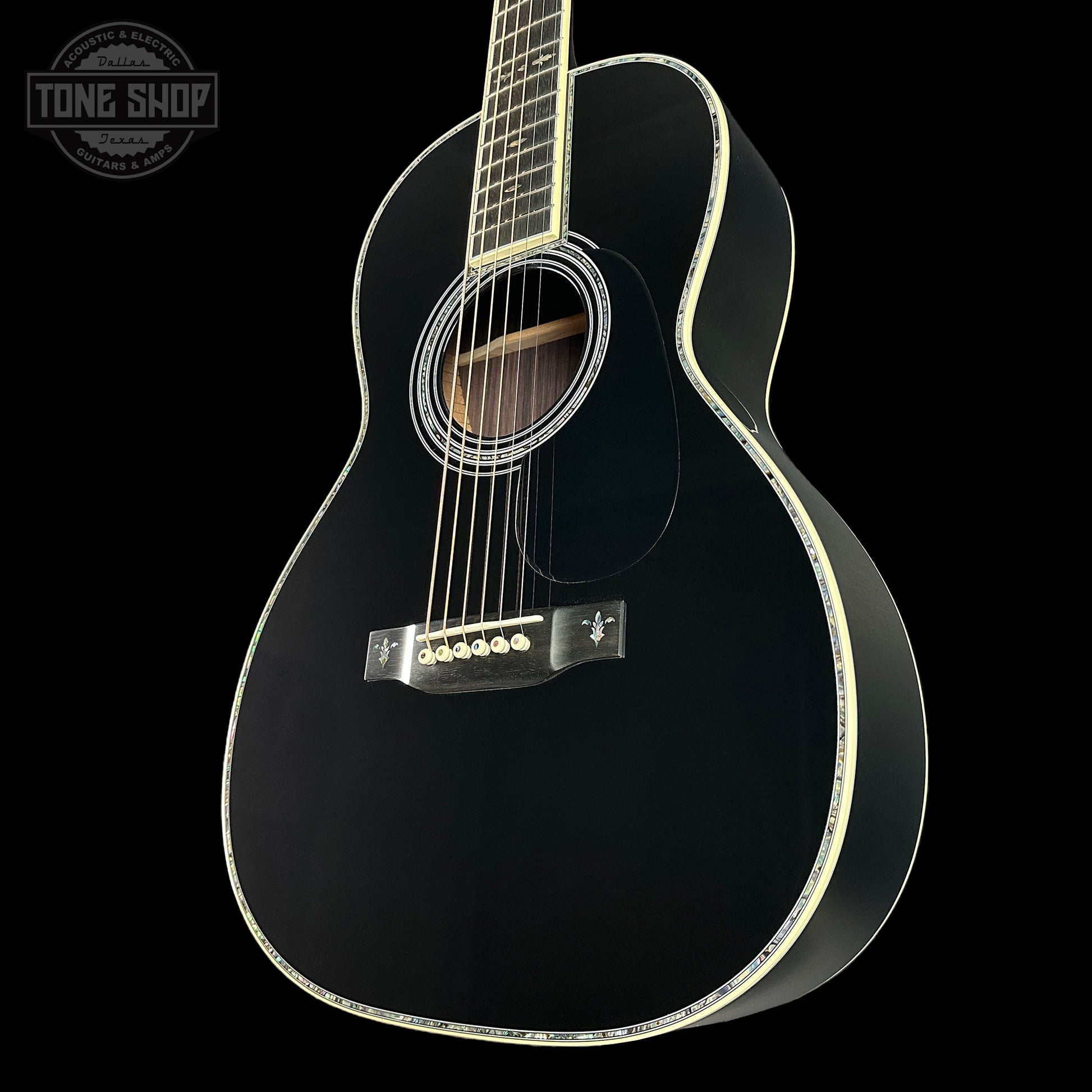 Front angle of Martin Custom Shop 00-42 Torch Motif Black Sitka/EIR.