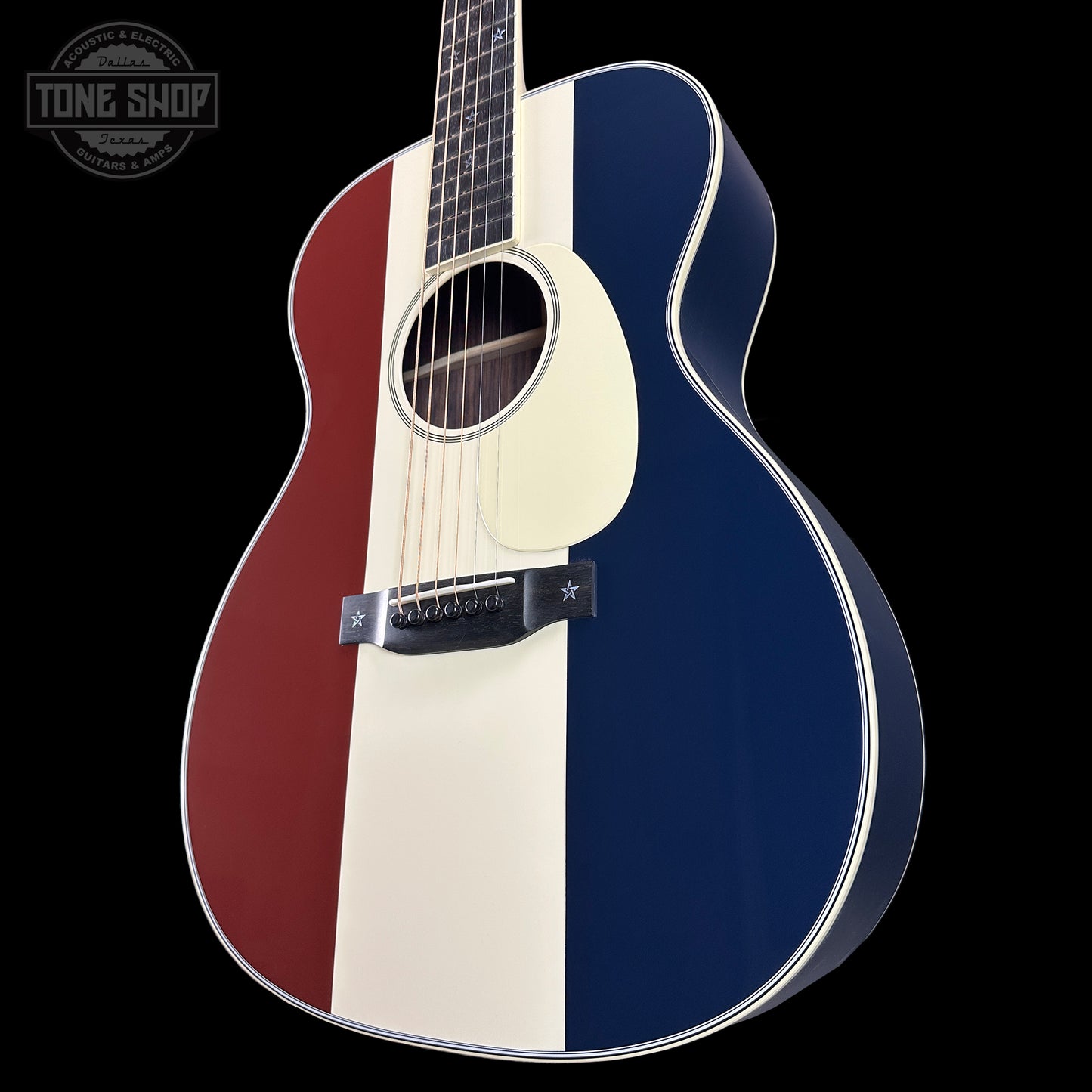 Front angle of Martin Custom Shop OM Red/White/Blue Sitka/EIR.