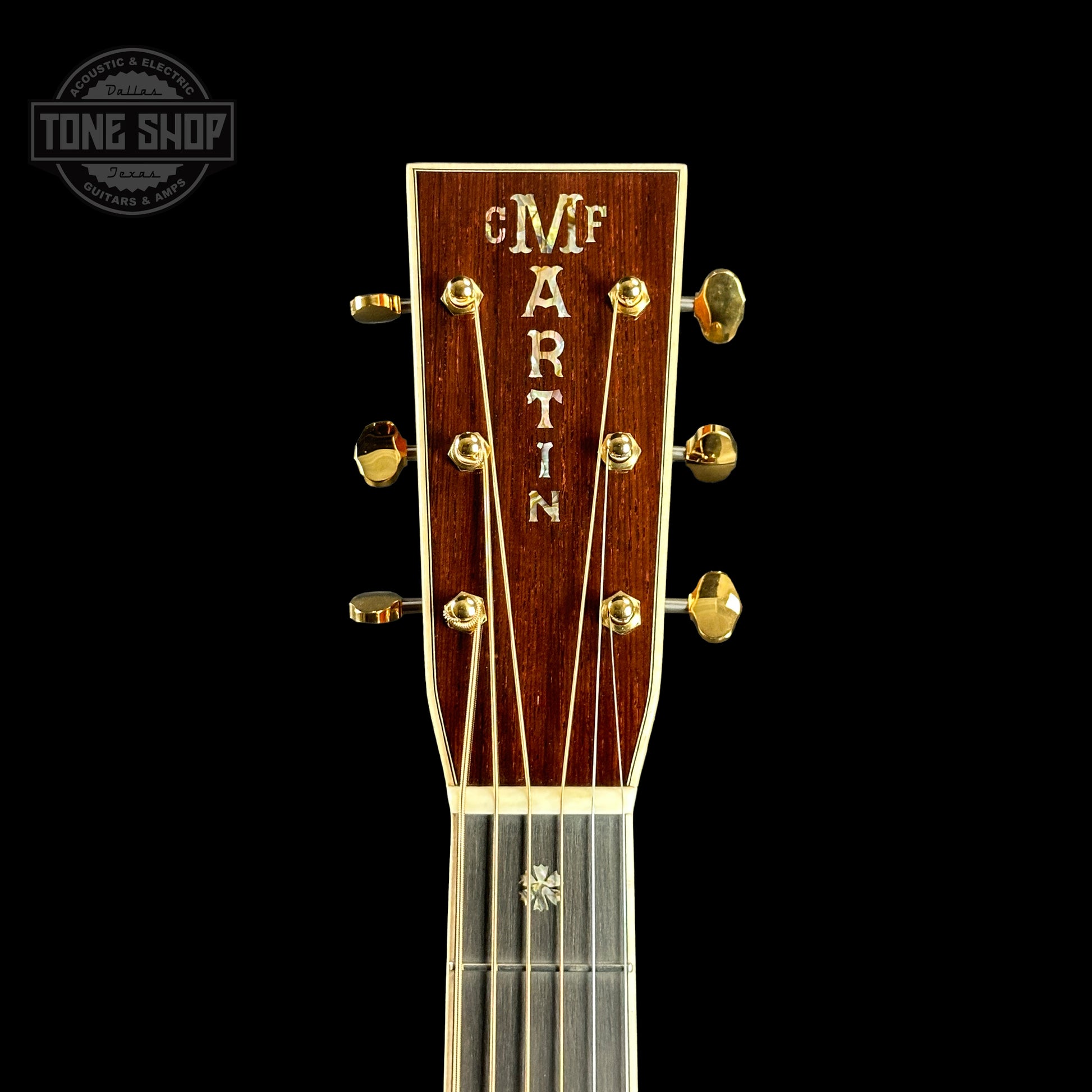 Front of headstock of Martin Custom Shop D-42 Adirondack/Madagascar Rosewood.