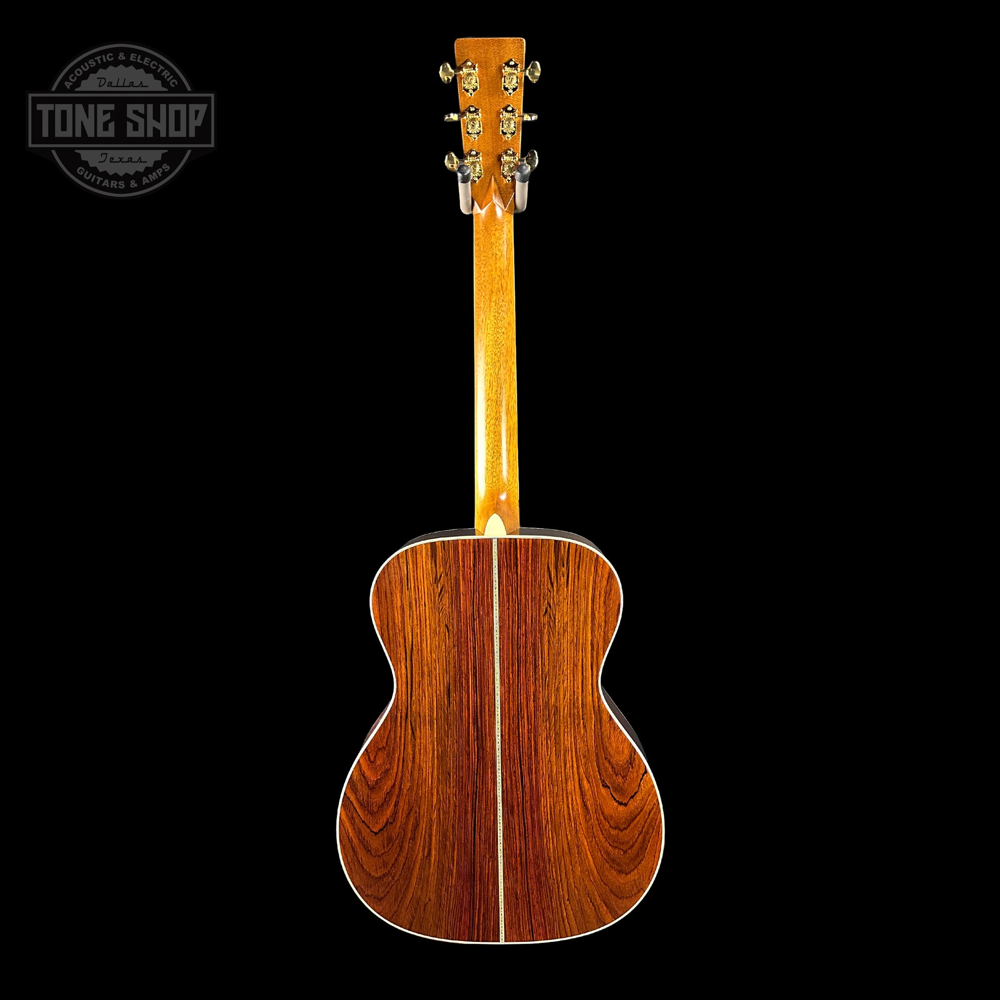 Full back of Martin Custom Shop OM-41 Ambertone Torch Motif Carpathian Spruce/Cocobolo.