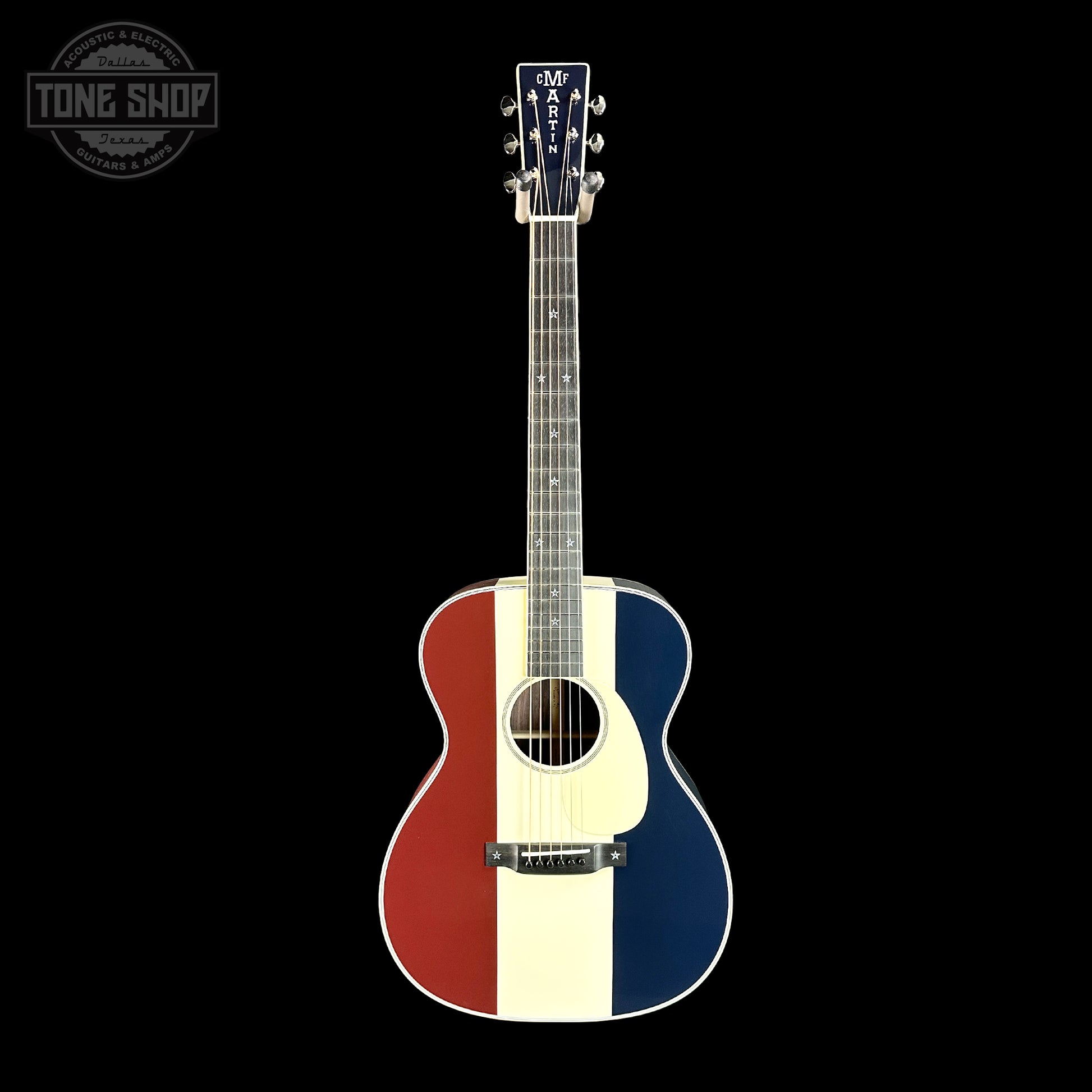 Full front of Martin Custom Shop OM Red/White/Blue Sitka/EIR.