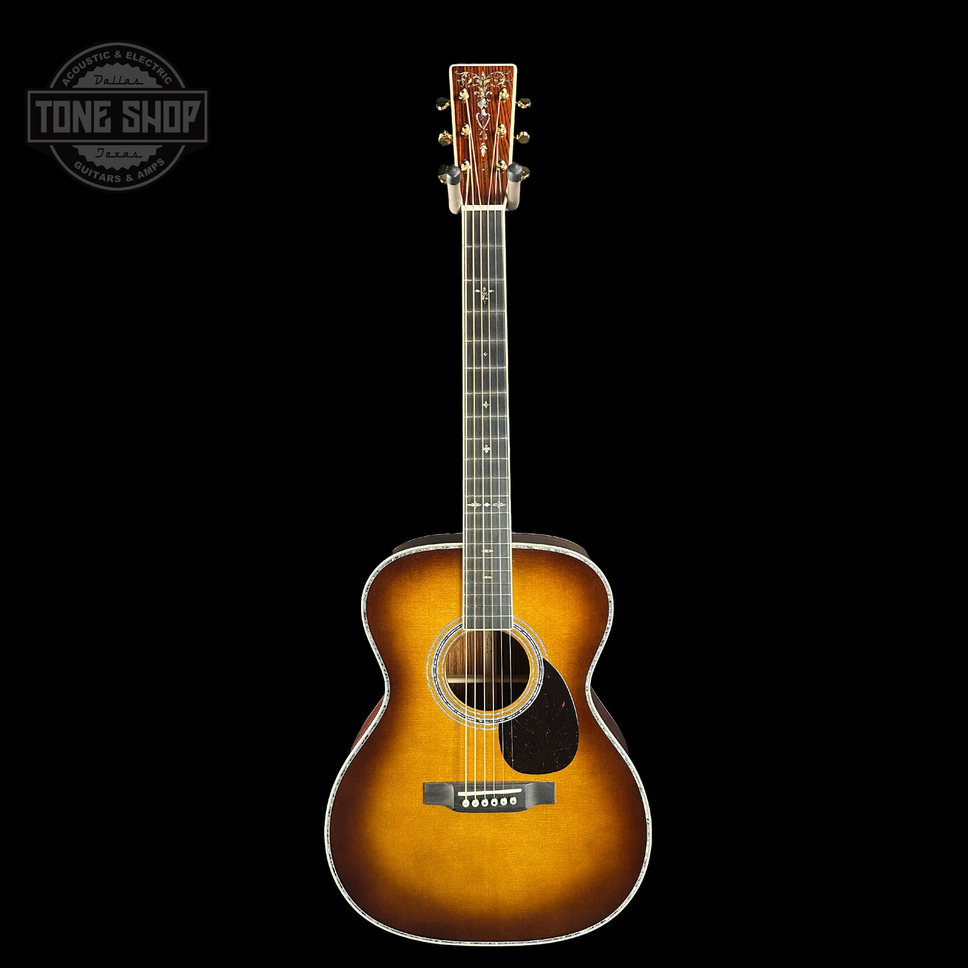 Full front of Martin Custom Shop OM-41 Ambertone Torch Motif Carpathian Spruce/Cocobolo.