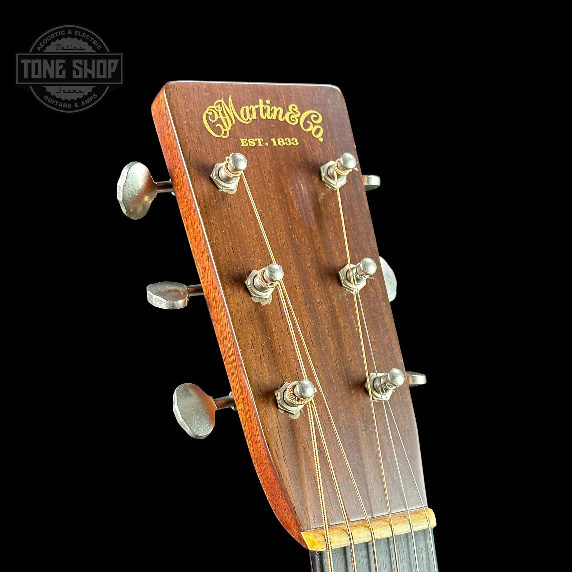 Front of headstock of Martin Custom Shop 37 D-28 Authentic Brazilian Rosewood Stage 1 Aging.