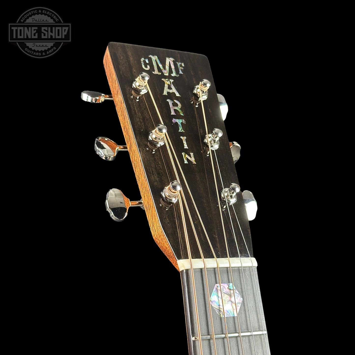 Headstock of Martin Custom Shop 28/45 Style OM Adirondack/Guatemalan RW.