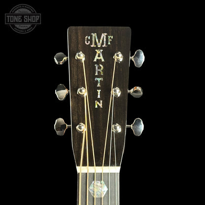 Front of headstock of Martin Custom Shop 28/45 Style OM Adirondack/Guatemalan RW.